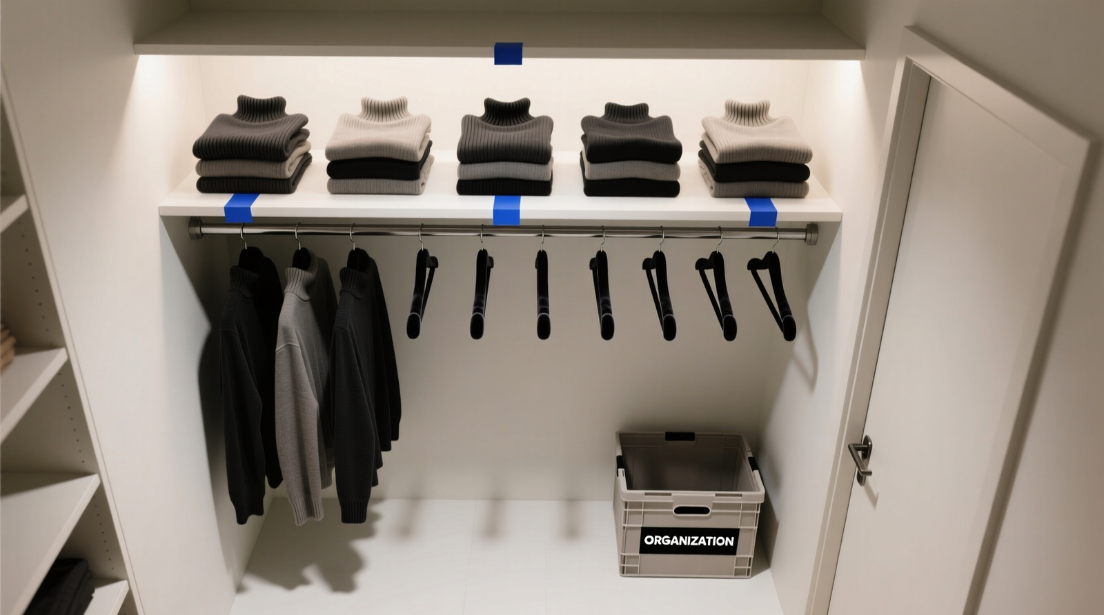 A narrow 36-inch closet divided into three color-coded vertical zones: top (light gray) for off-season storage in vacuum bags, middle (navy) with evenly spaced velvet hangers holding shirts and jackets, bottom (cream) with labeled stackable shoe boxes and two identical fabric bins for folded sweaters