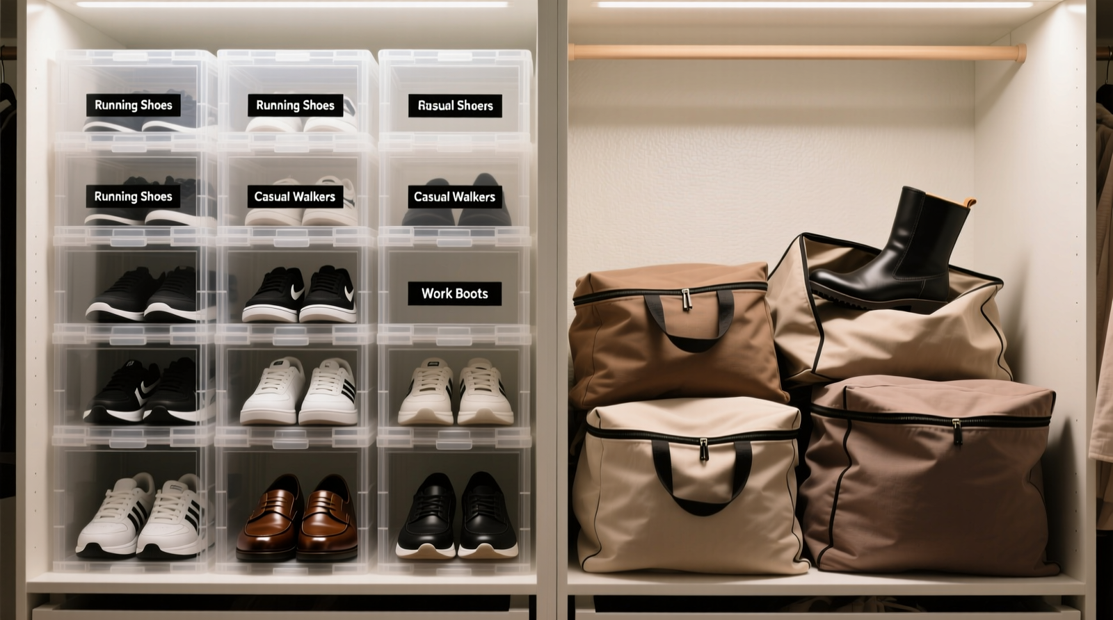 Side-by-side closet view: left side shows neatly stacked clear acrylic boxes with visible shoes and minimalist labels; right side shows fabric bags haphazardly piled, some zipped shut, others half-open with obscured footwear
