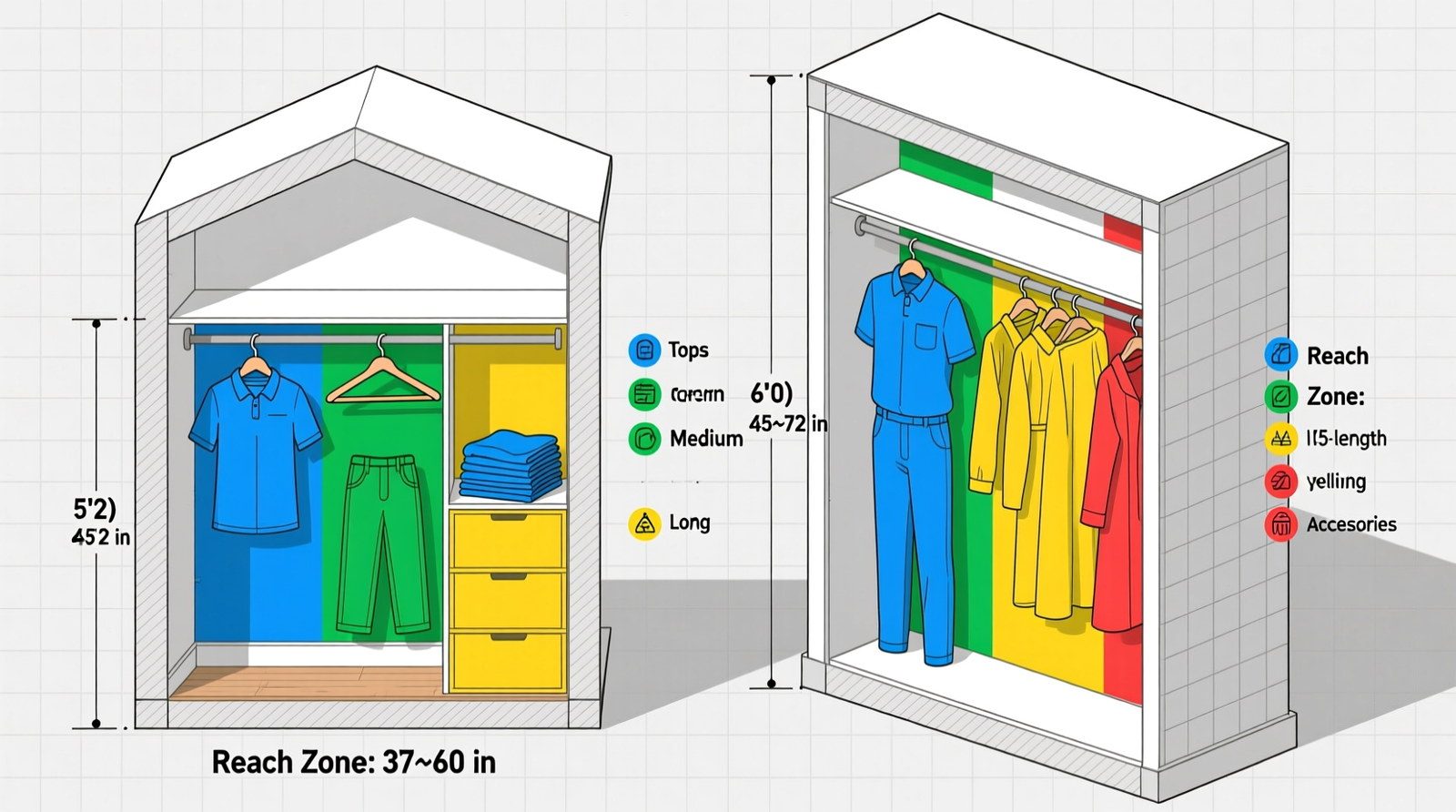 Side-by-side closet cross-sections showing correct rod placement for petite (lower rod at 37 inches) and tall (upper rod at 45 inches), with labeled reach zones and color-coded garment categories
