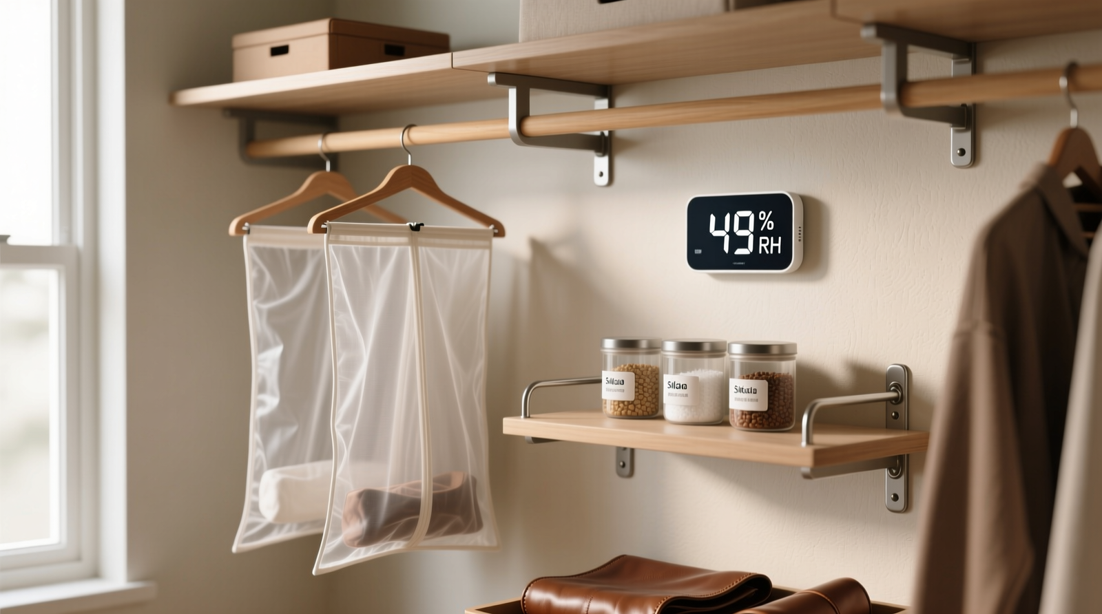 A well-organized closet showing breathable cotton garment bags, labeled silica gel canisters mounted on shelf brackets (not touching leather), and a digital hygrometer displaying 49% RH on the rear wall