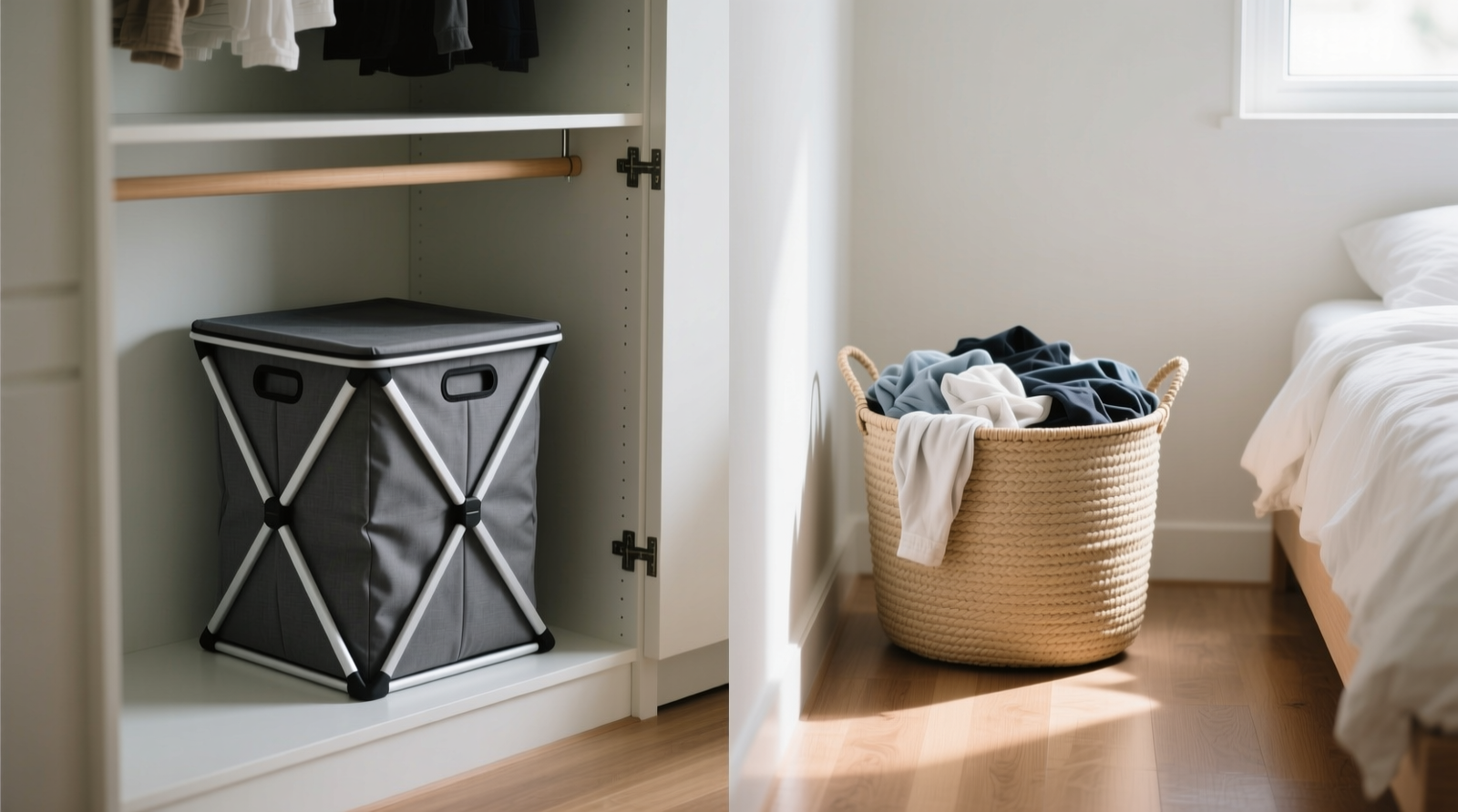 Side-by-side comparison: a charcoal-gray collapsible laundry hamper tucked neatly beside a closet rod, its top flush with the lower shelf; adjacent, a beige rigid woven basket overflows slightly and protrudes 4 inches into the aisle, casting a shadow across the floor