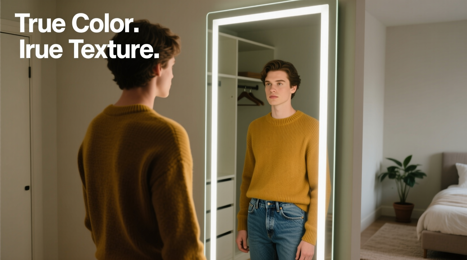 Close-up of a person standing before a full-length LED closet mirror mounted at eye level, with soft, even illumination highlighting subtle fabric weave and true-color denim paired with a mustard sweater—no harsh shadows or glare visible.