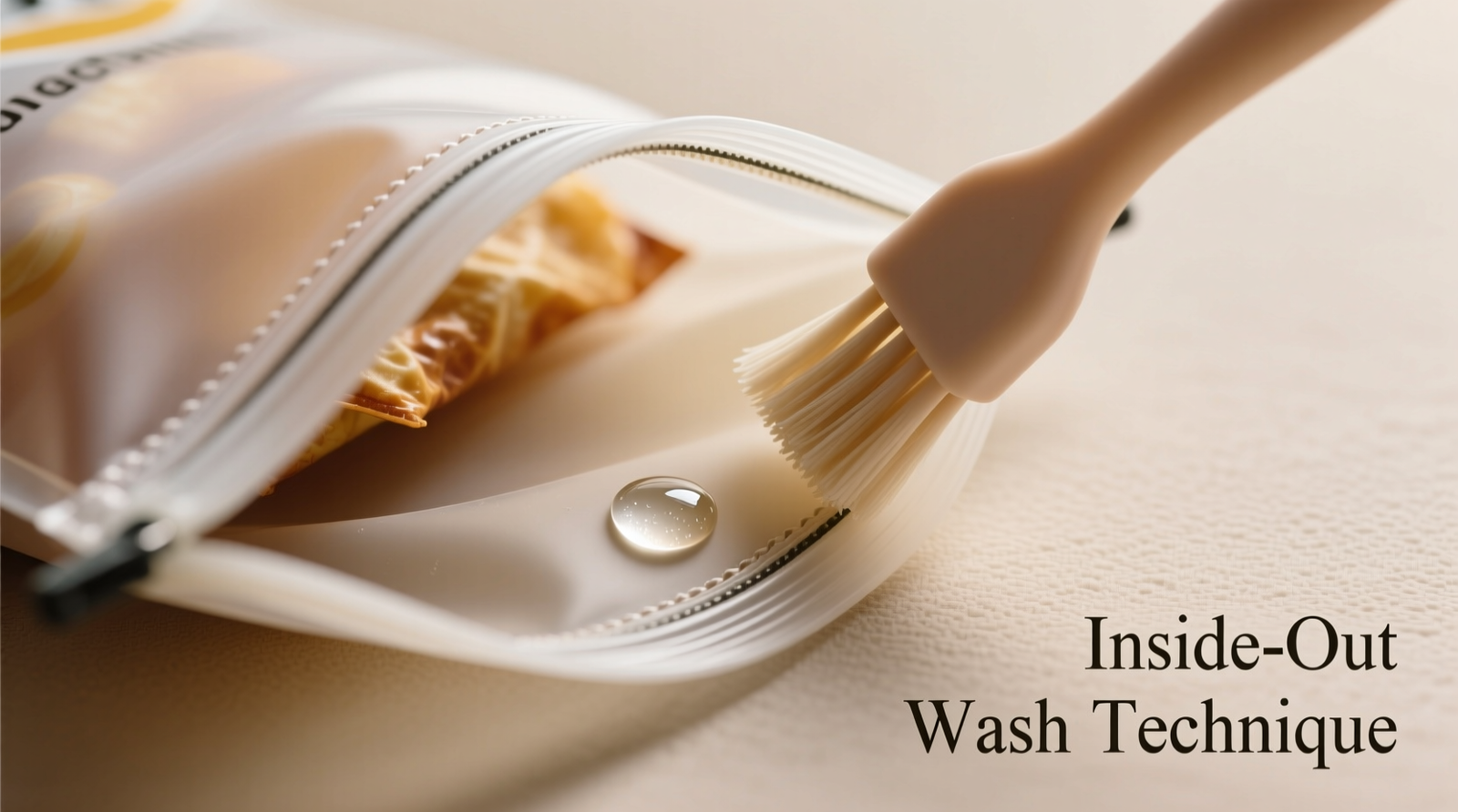 Close-up photo showing proper inside-out washing technique: a reusable silicone snack bag turned inside out, being gently scrubbed along its seam with a soft silicone brush and a single drop of clear liquid castile soap