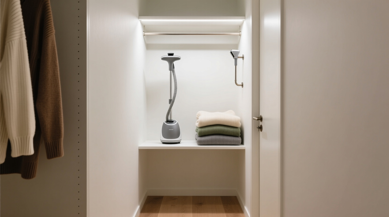 A minimalist closet interior showing a foldable garment steamer stored vertically on a narrow upper shelf beside folded knitwear, with a small hook-mounted steamer pole visible on the inside of the closet door