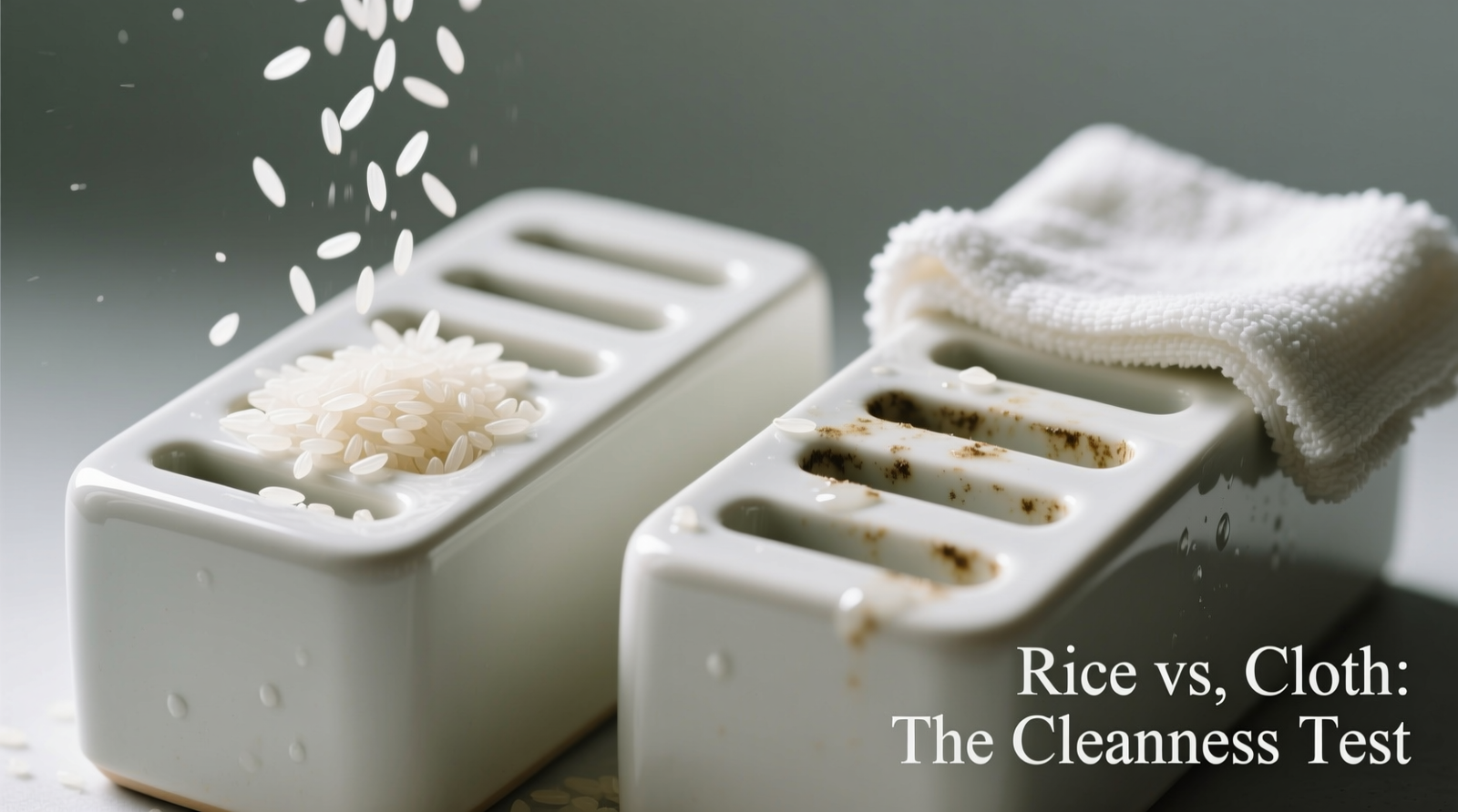 Side-by-side close-up of two ceramic knife blocks: left cleaned with rice-shaking showing clear, debris-free slots; right cleaned with damp cloth showing faint white haze and shadowed residue in same slots