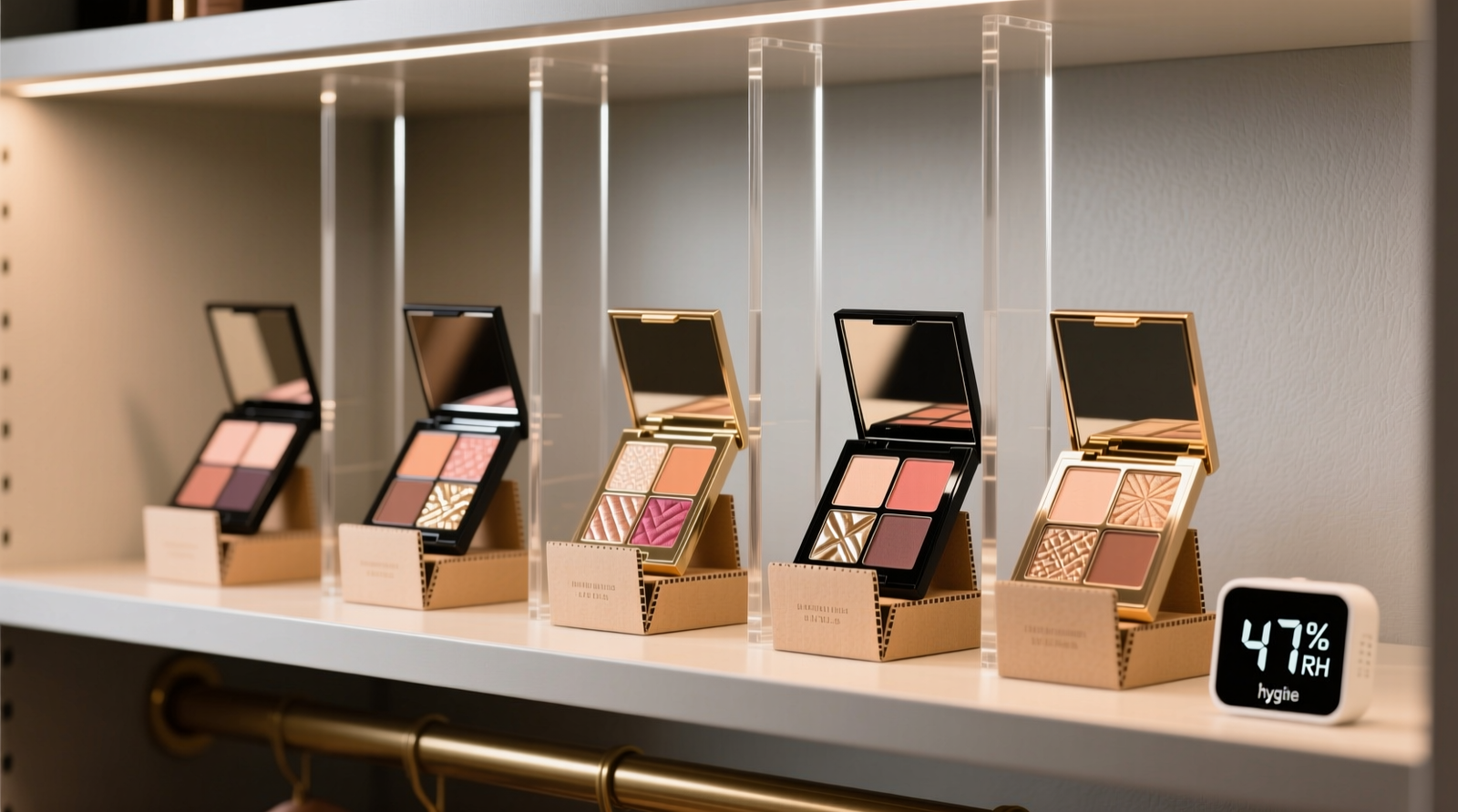 A custom-built closet shelf with vertical acrylic supports holding six high-end makeup palettes upright, each separated by archival cardboard dividers; ambient lighting is diffused, no direct sunlight visible, hygrometer reads 47% RH
