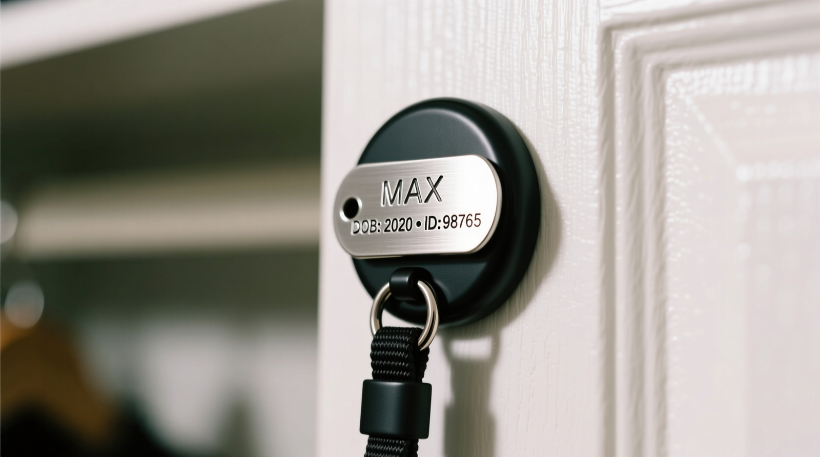 Close-up photo showing a sleek black neodymium magnetic holder mounted vertically on the interior side of a white closet door, with a nylon leash clipped securely to it and a stainless steel pet ID tag resting flat against the magnet surface
