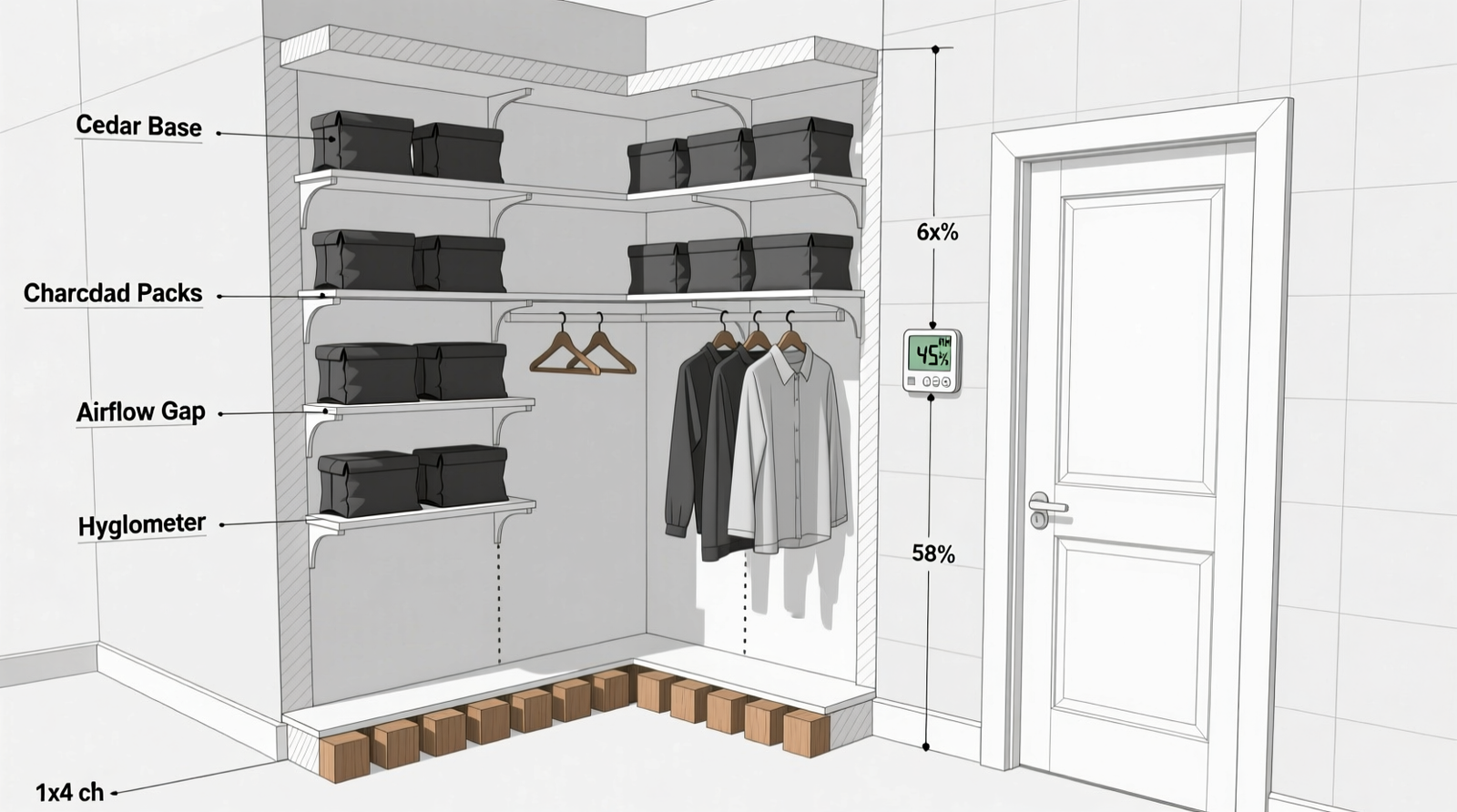 Cross-section diagram of a well-organized closet showing cedar blocks placed at baseboard level, charcoal packs on upper shelves, spaced hangers allowing 3-inch airflow gaps, and a digital hygrometer mounted at eye level near the door