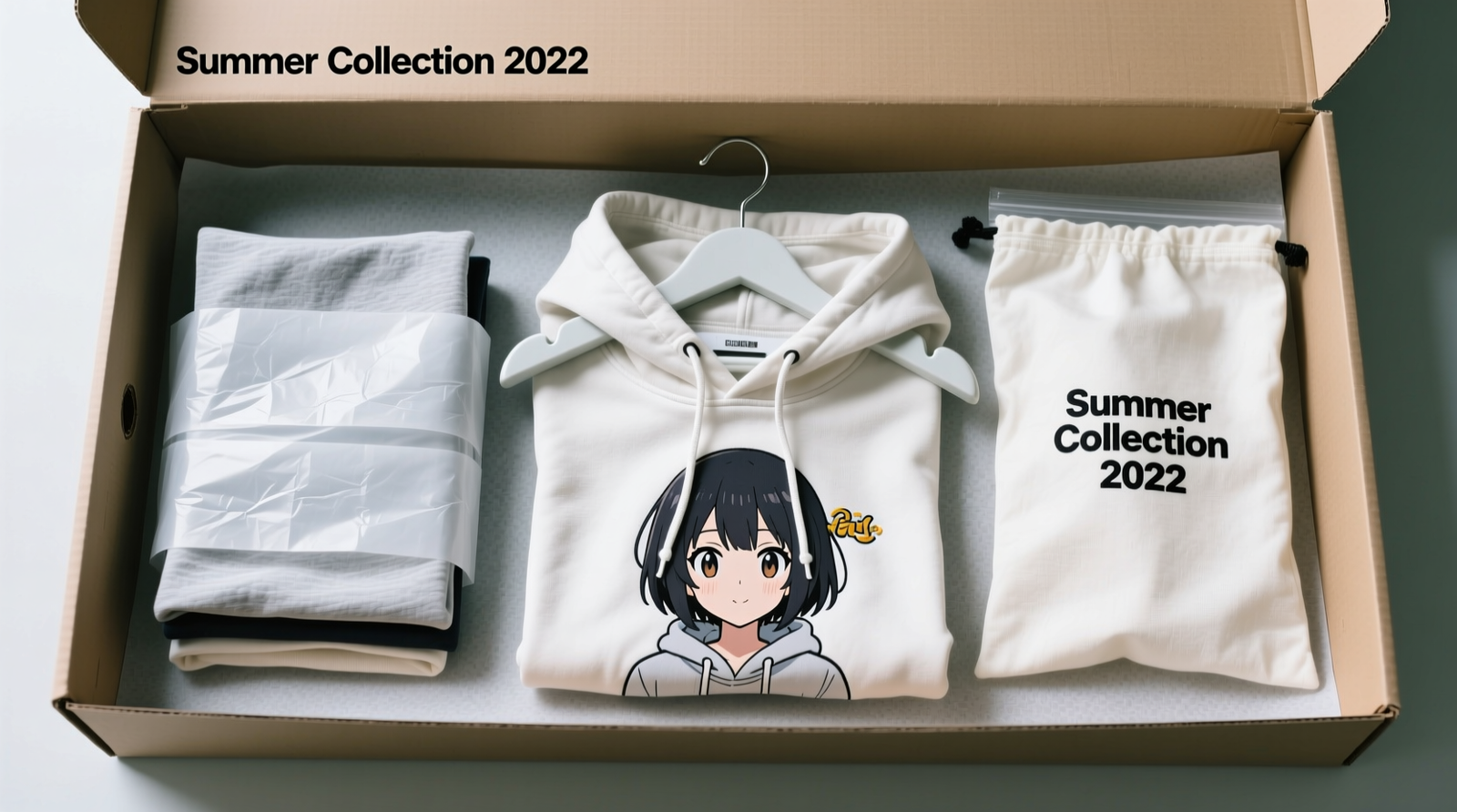 Top-down photo of three anime hoodies stored flat in an open archival box: one folded with acid-free tissue visible between layers, one on a padded hanger with shoulder support fully covering the embroidery area, and one inside a breathable cotton garment bag labeled 'Summer Collection 2022'