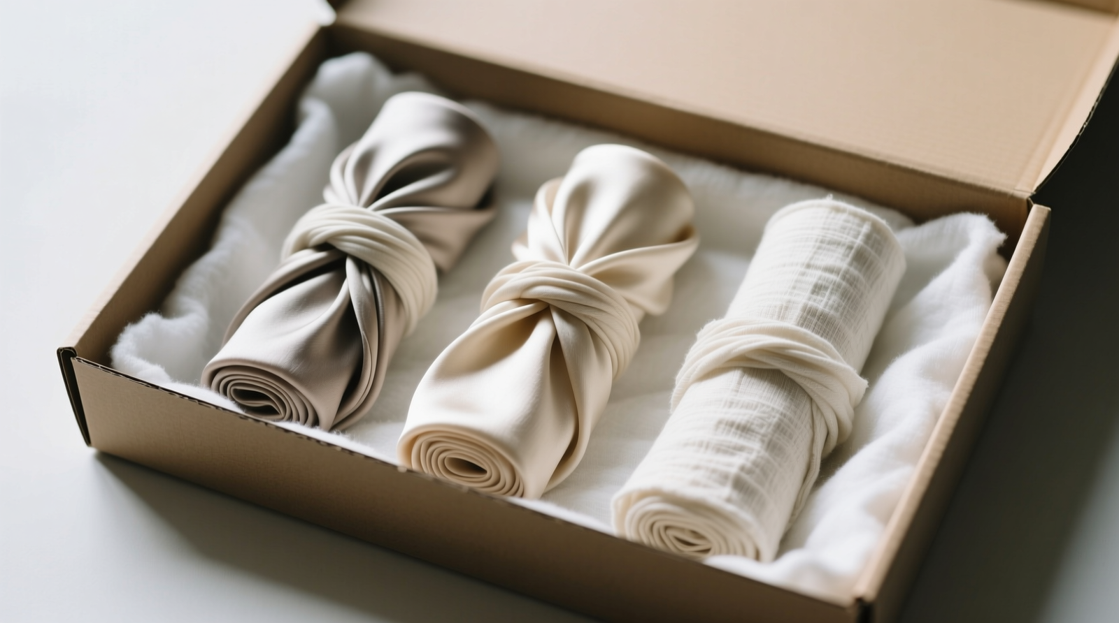 Three silk scarves rolled individually in unbleached cotton cloth, placed side-by-side inside a shallow, unlidded cardboard box lined with white cotton flannel—no plastic, no labels, no visible light exposure