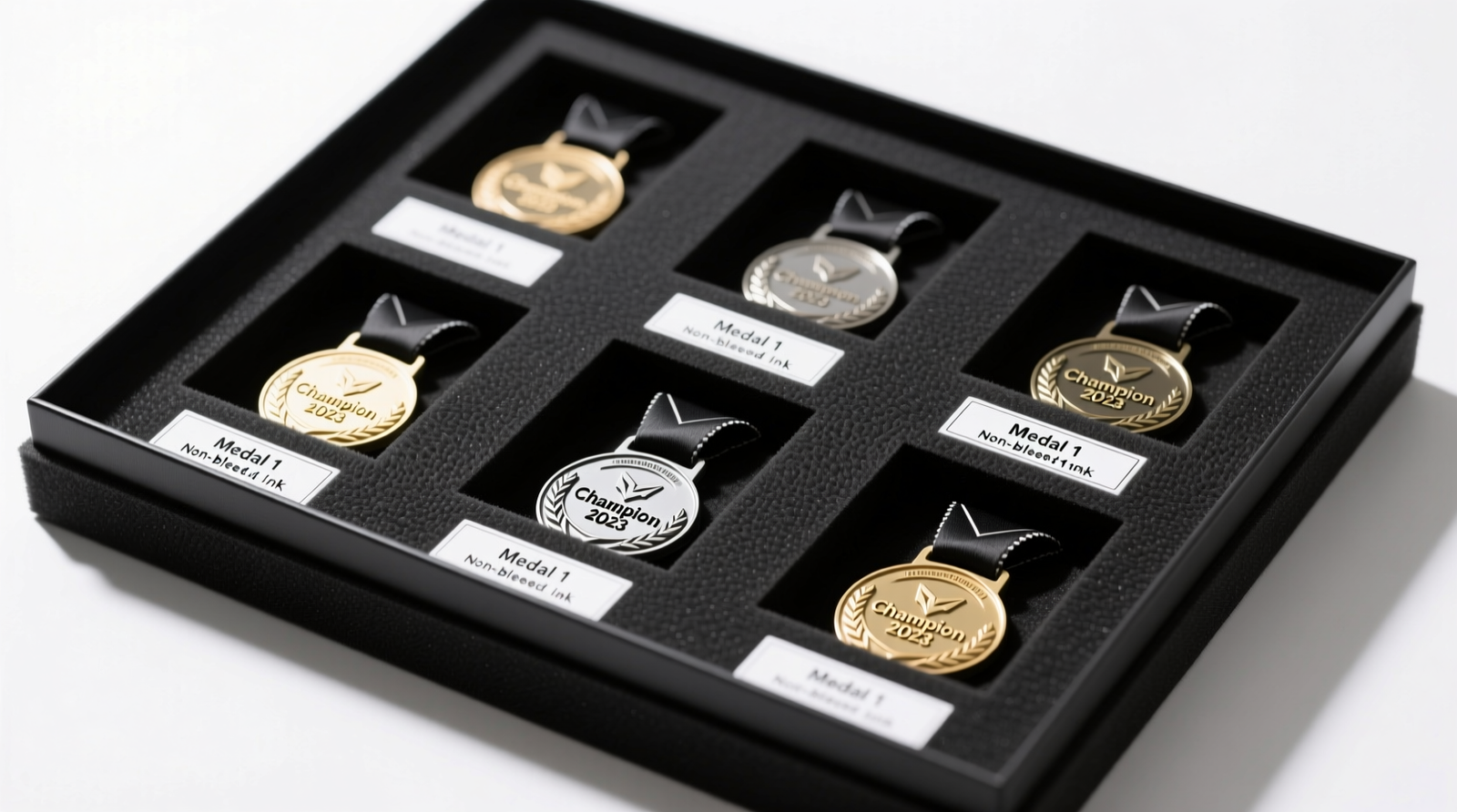 Top-down view of a custom-cut acid-free foam insert holding six gaming medals upright in individual recessed slots, each surrounded by black archival paper lining and labeled with non-bleed ink