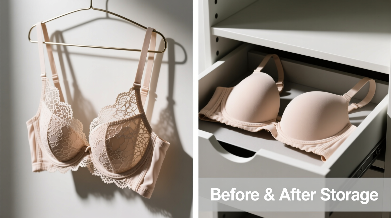 Side-by-side comparison: lace bra hanging by strap showing visible shoulder strap stretch versus same bra stored upright in rigid drawer divider with cups nested and wings folded flat