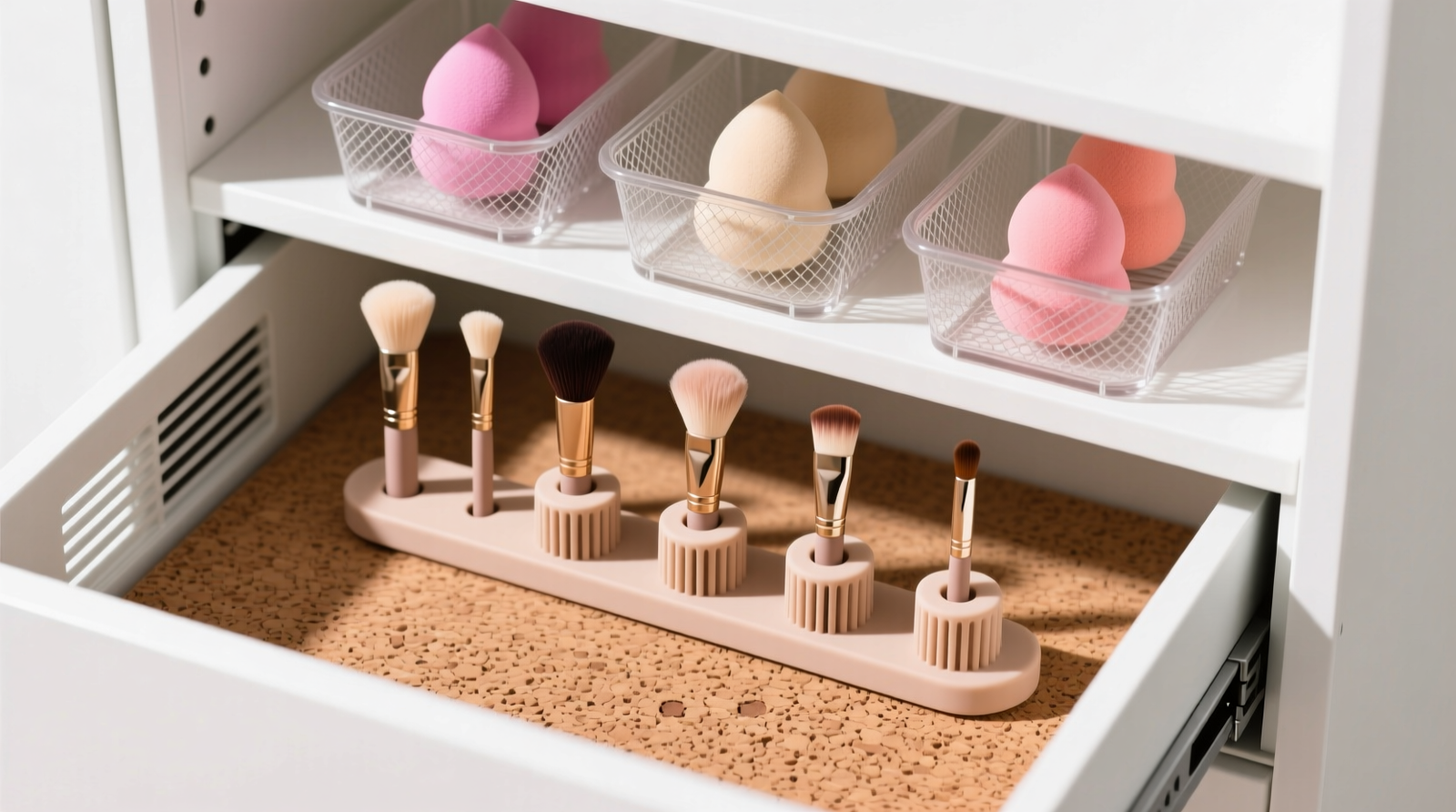 Overhead view of a ventilated closet drawer with three-tiered organization: cork base mat, silicone brush holders aligned vertically, and mesh baskets holding beauty sponges upright with visible spacing between each