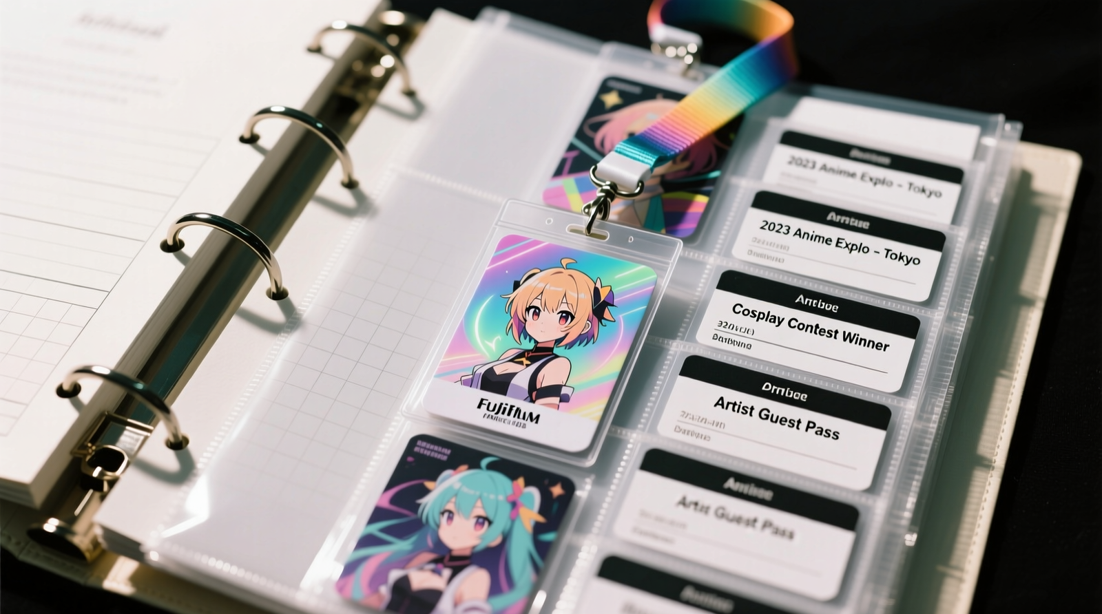 Open archival binder showing labeled, clear polypropylene sleeves—each containing a vibrant anime convention badge on its original lanyard, with printed metadata tabs visible along the spine
