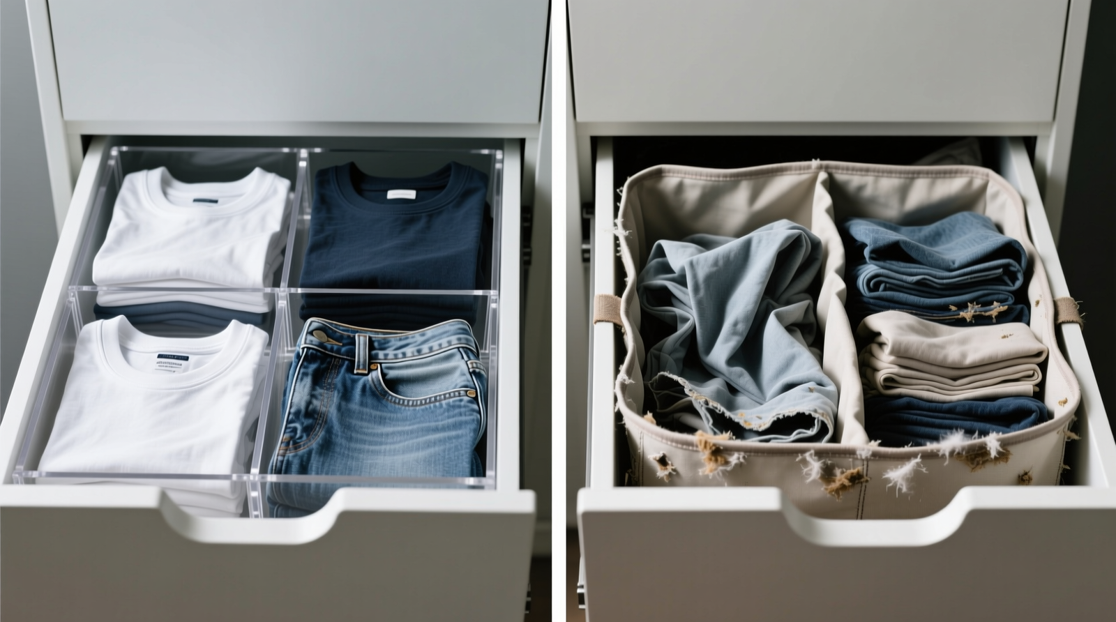 Side-by-side comparison: left drawer with beige fabric dividers showing uneven folds and obscured labels; right drawer with custom-cut clear acrylic dividers revealing identical folded tees in perfect alignment and full visibility