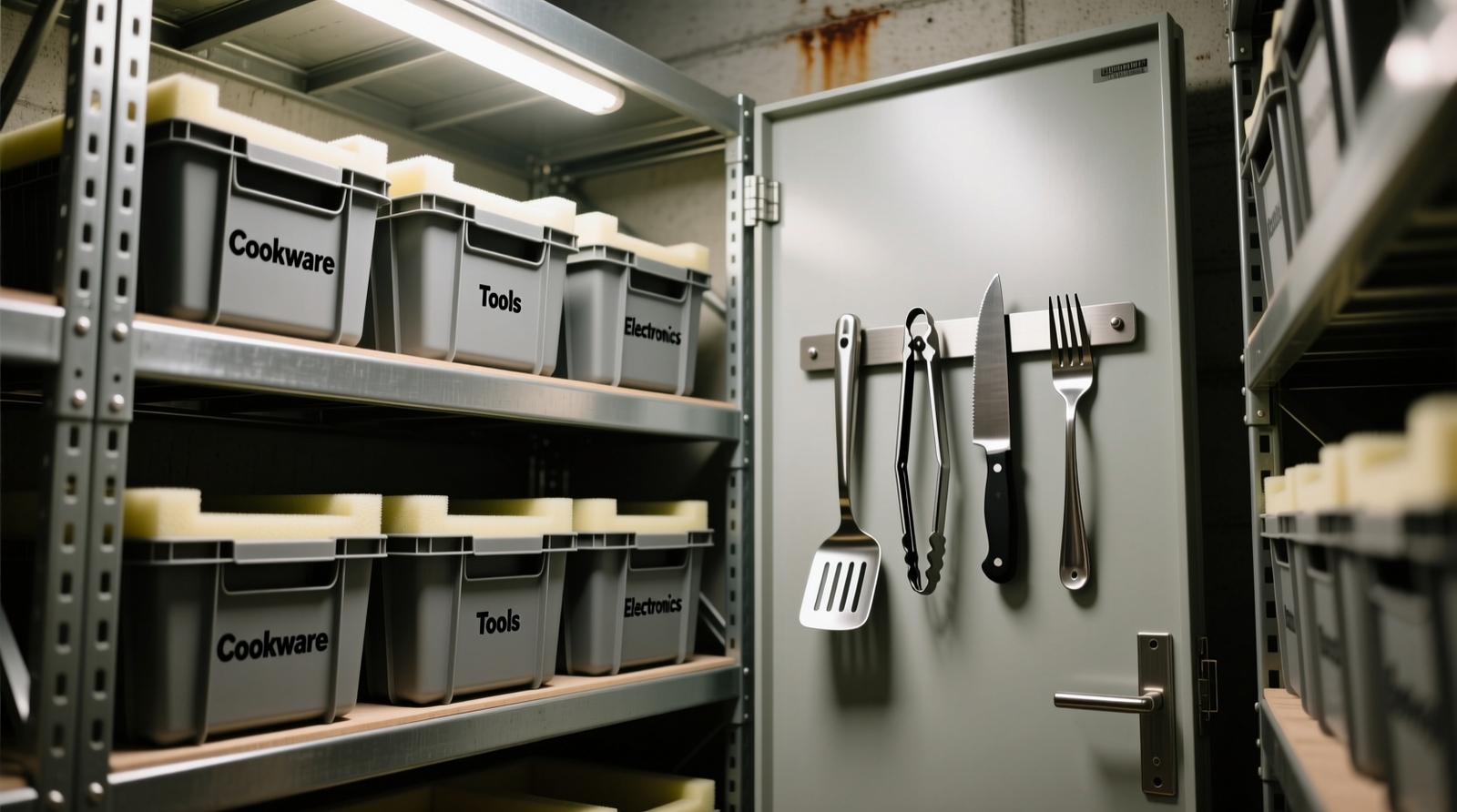A utility closet interior showing labeled, foam-lined modular bins stacked neatly on reinforced shelves, with magnetic strip mounted vertically on the door frame holding camping utensils upright and spaced apart