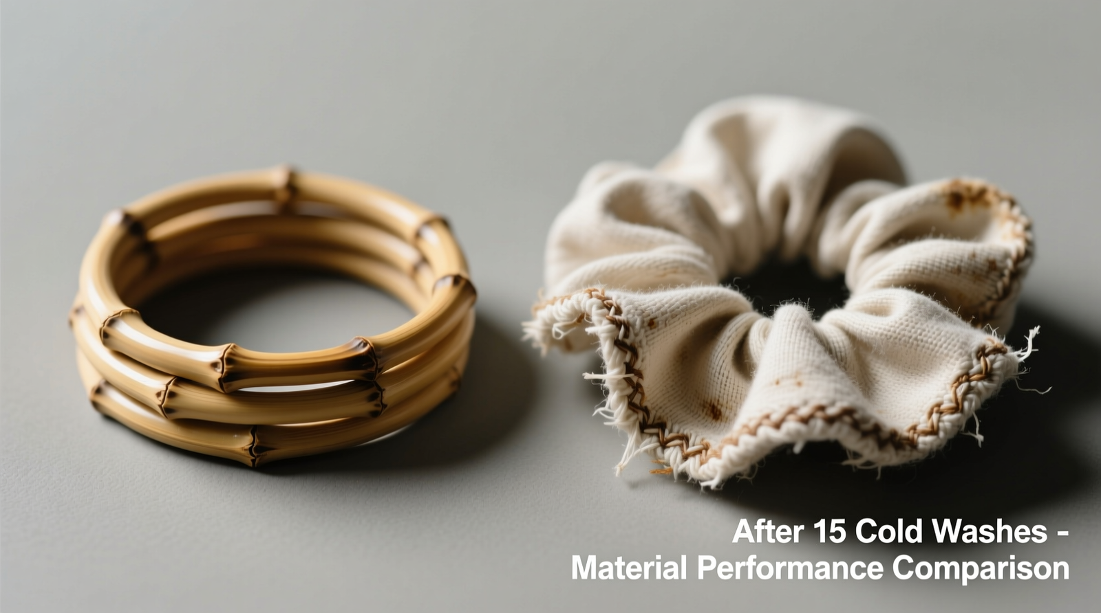 Side-by-side macro photography of a bamboo hair tie and organic cotton scrunchie after 15 cold washes: bamboo retains tight coil and smooth surface; cotton shows fraying at seam, visible elastic bulging, and slight discoloration