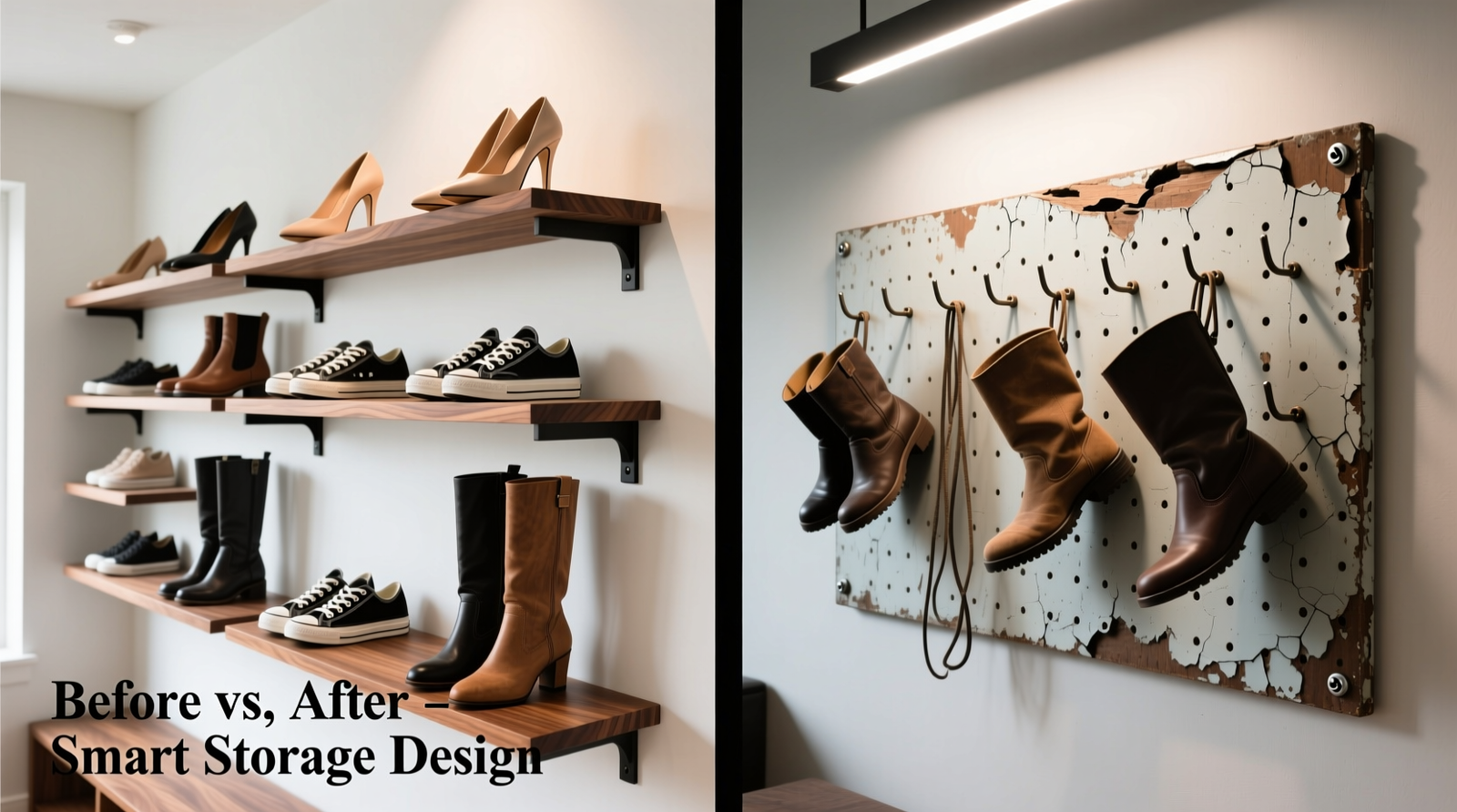 Side-by-side comparison: left shows adjustable shelf brackets supporting varied-height shoes (wedges, sneakers, boots) on custom-spaced shelves; right shows pegboard with misaligned hooks, sagging under uneven weight, and visible warping along top edge