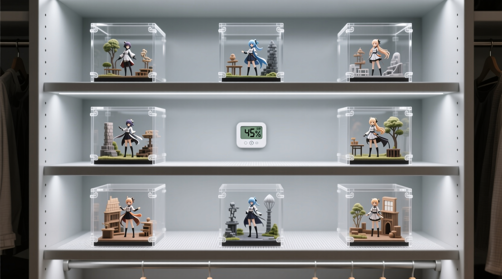Three-tier closet shelf with uniform acrylic display cases housing anime dioramas; each case features visible silicone gasket, anti-static shelf liner beneath, and discreet hygrometer sensor mounted at rear center