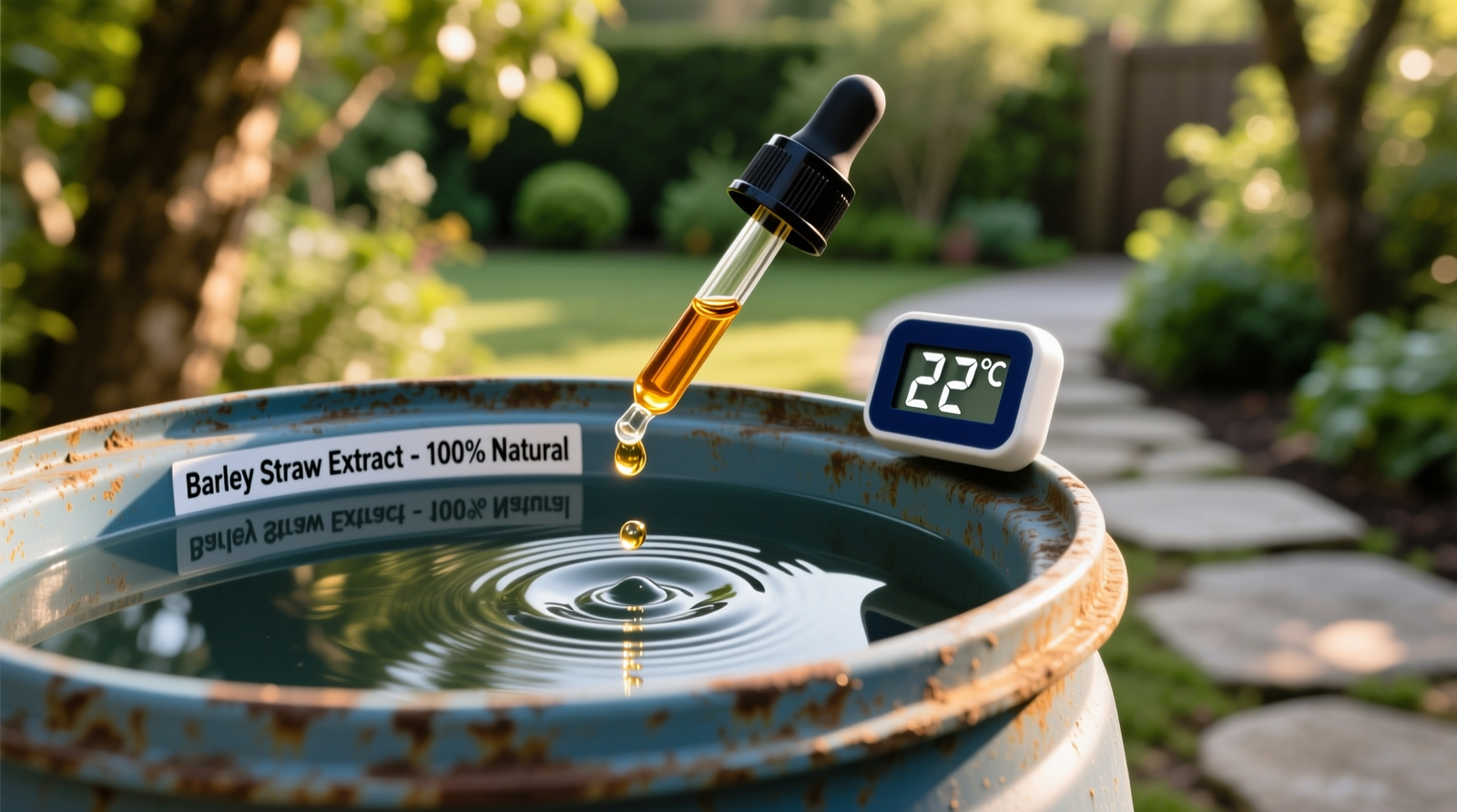 Close-up of a 55-gallon rainwater harvesting barrel with a labeled dropper dispensing amber barley straw extract into clear water, next to a shaded thermometer reading 22°C