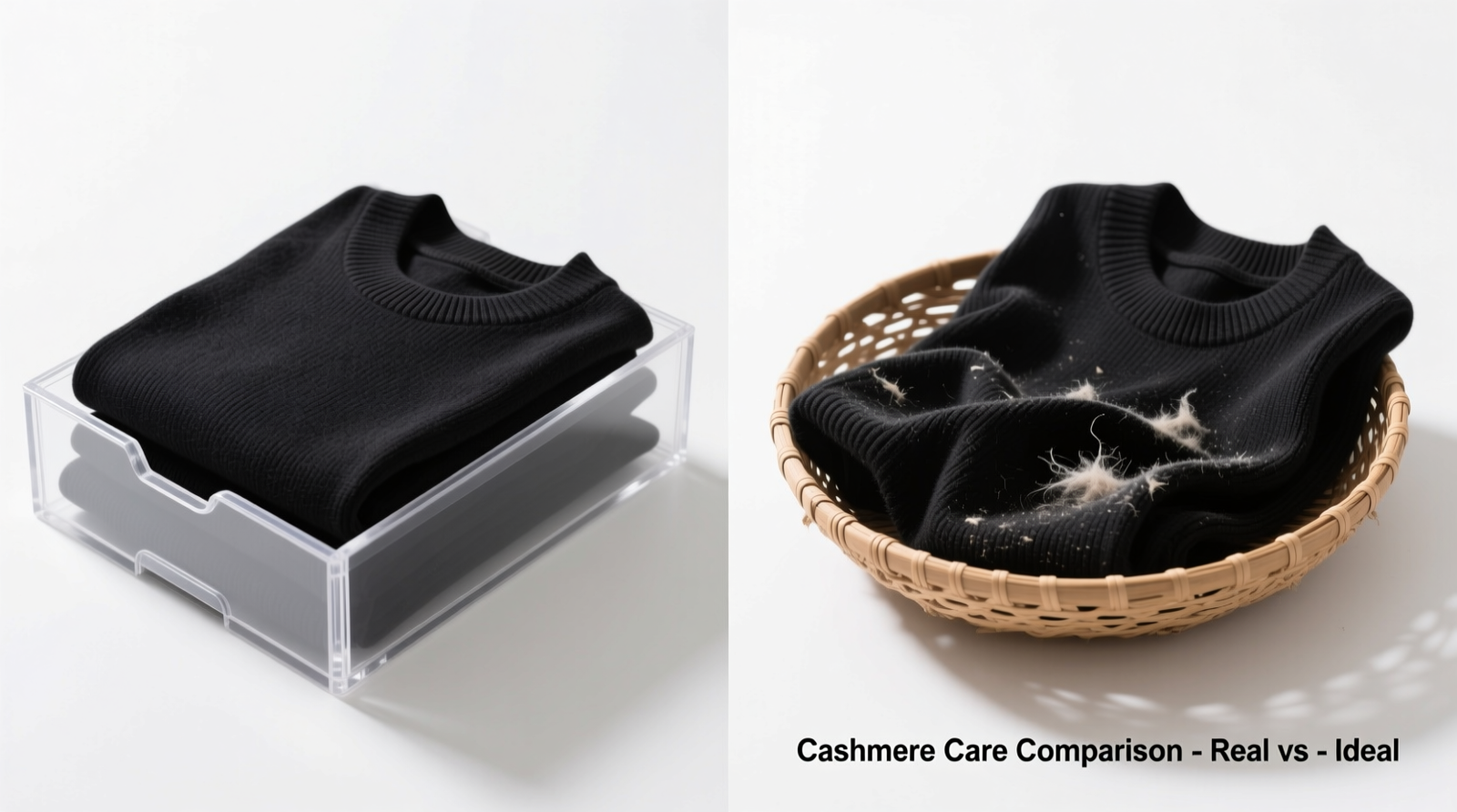 Side-by-side comparison: neatly file-folded cashmere sweaters in shallow clear acrylic bin versus same sweaters loosely stacked in unlined seagrass basket showing visible compression, lint accumulation, and edge curling