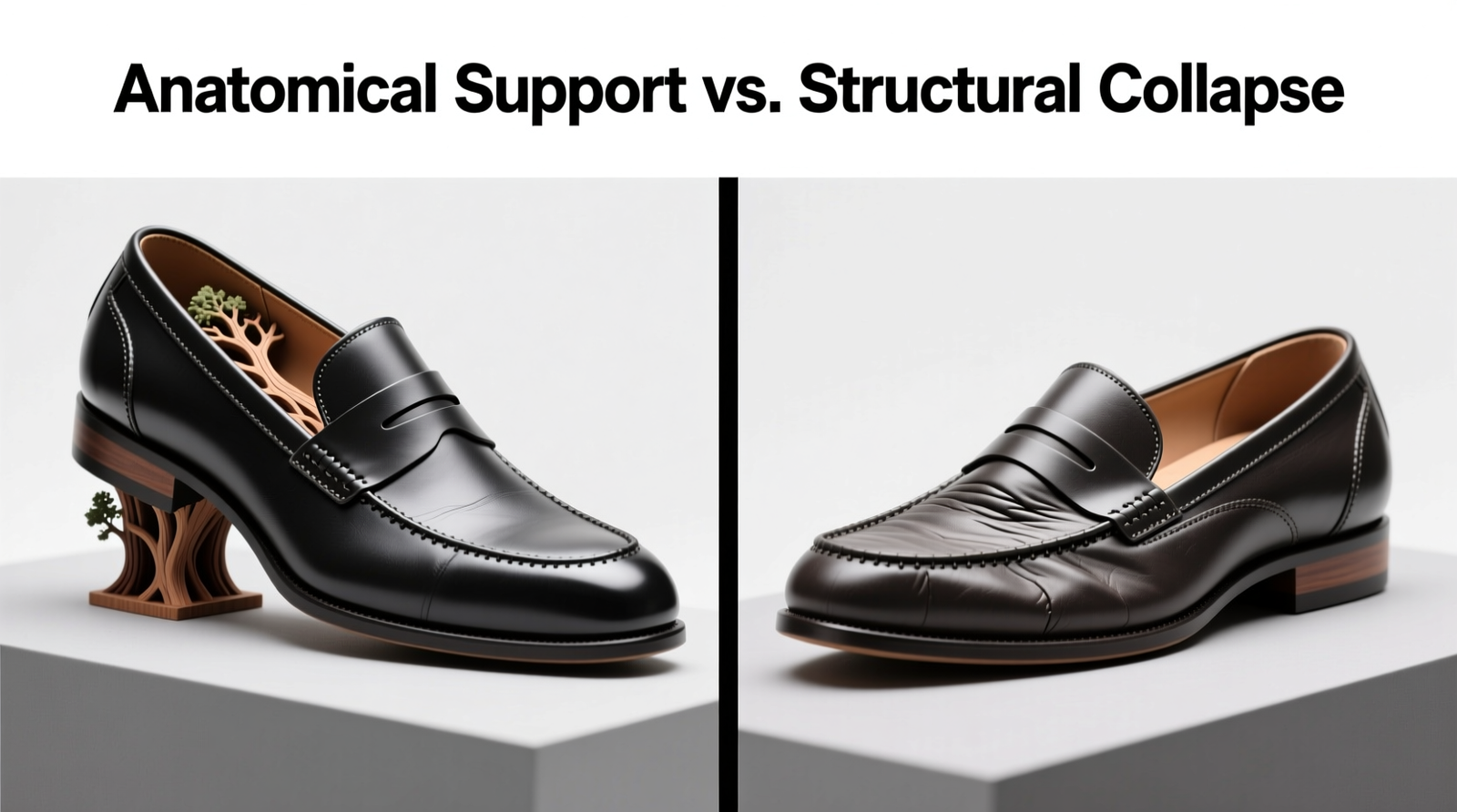 Side-by-side comparison showing a well-supported loafer with an anatomical cedar tree inside versus a slumped loafer with visible horizontal creases across the vamp and collapsed toe box
