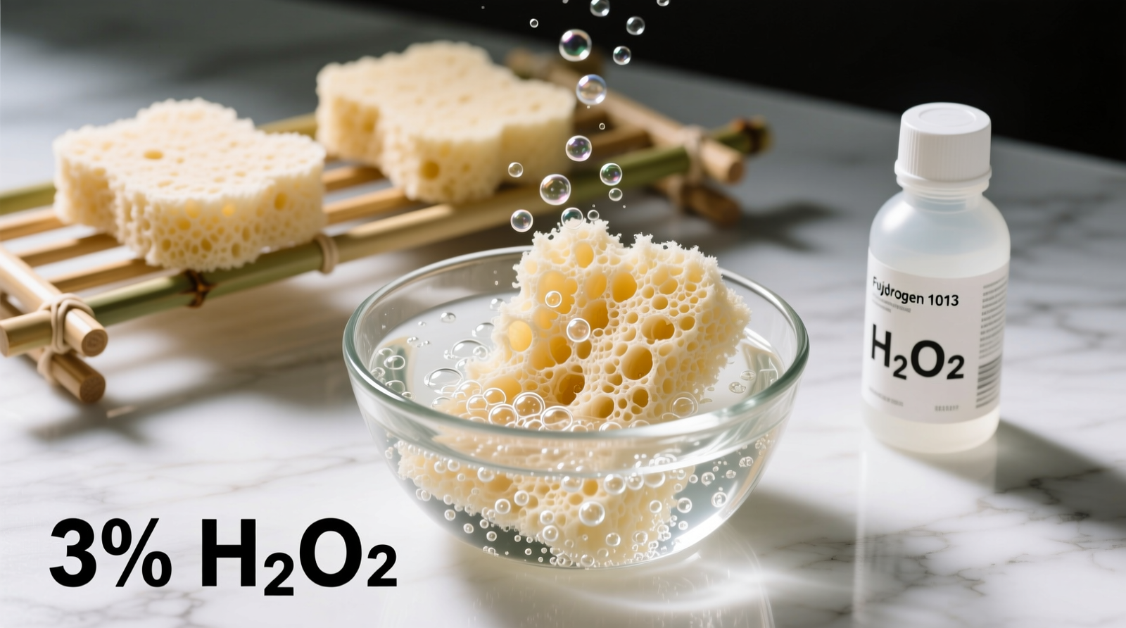 A close-up photograph of a natural cellulose sponge being submerged in a clear glass bowl filled with bubbling hydrogen peroxide solution, next to a labeled 3% H₂O₂ bottle and a bamboo drying rack with two sponges airing face-up