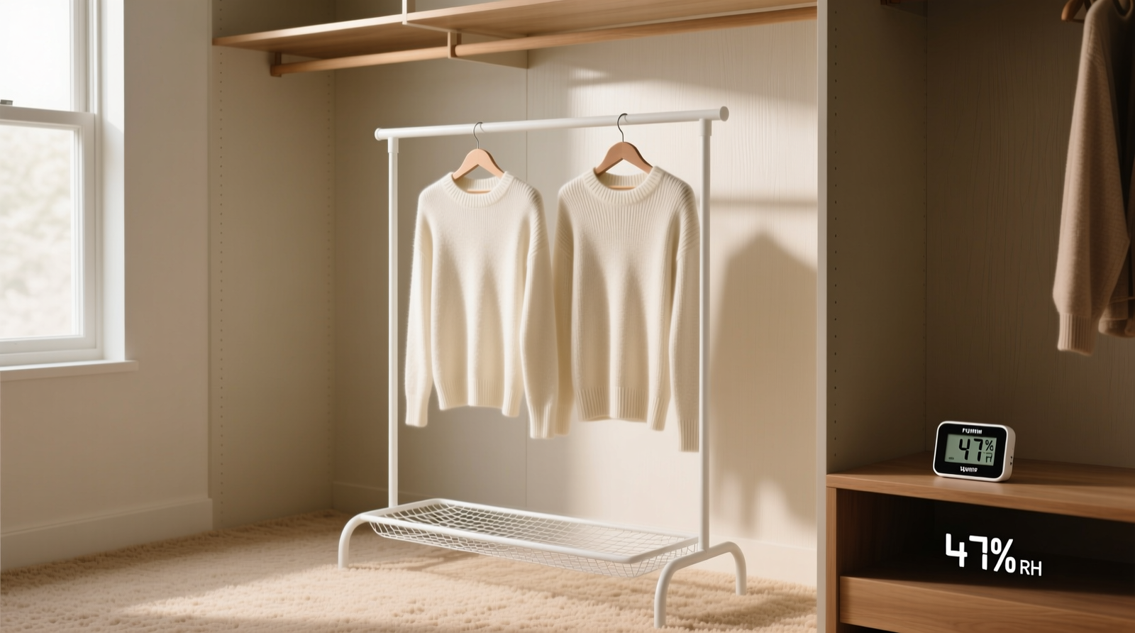 Flat drying setup inside a walk-in closet: white mesh rack centered on carpeted floor, two cashmere sweaters laid flat with shoulders aligned, small digital hygrometer visible on nearby shelf showing 47% RH