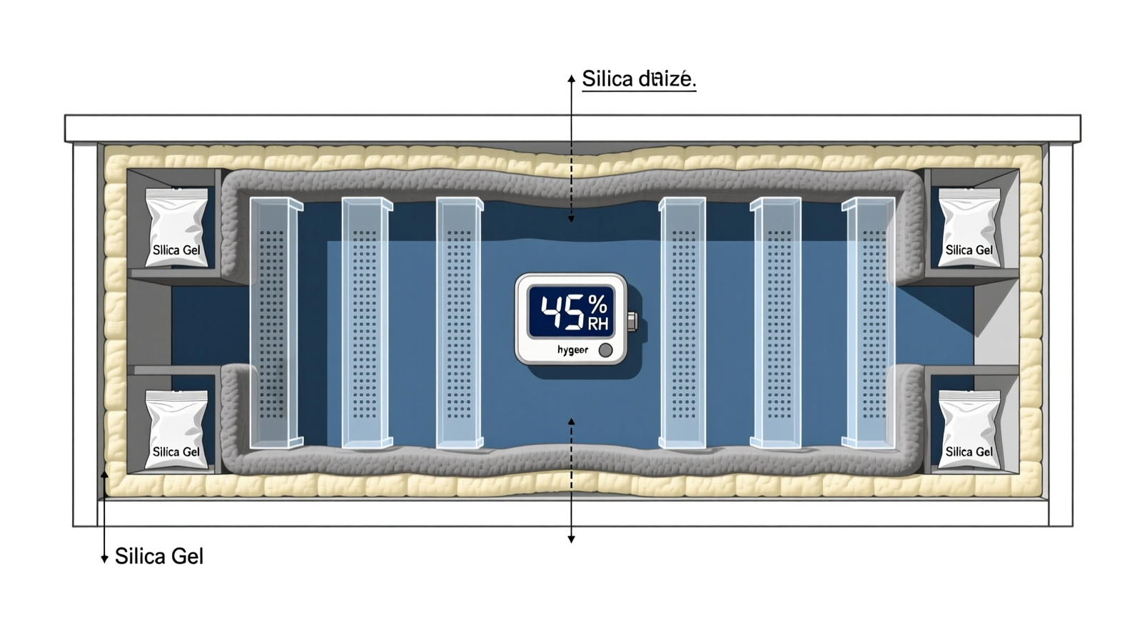 Cross-section diagram showing insulated closet drawer with neoprene lining, ventilated acrylic sleeves standing upright, silica gel pouches nestled in corners, and calibrated hygrometer mounted centrally on drawer interior
