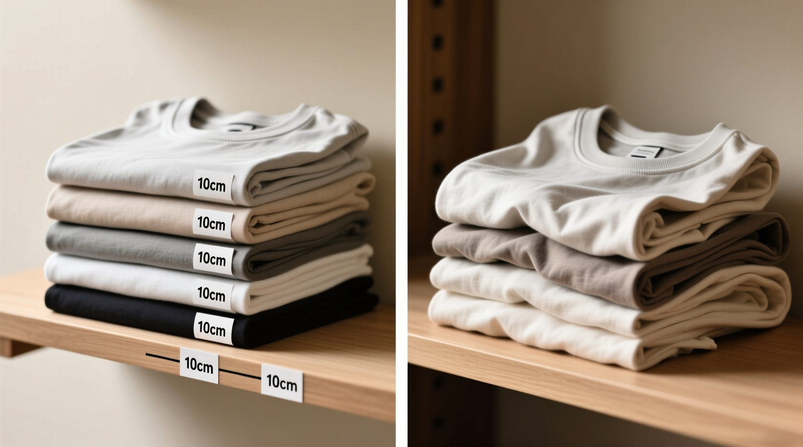 Side-by-side comparison: left shows upright file-folded cotton tees in shallow shelf with labeled height markers; right shows loose rolled tees in same shelf, some unfurling at the top and creating uneven surface
