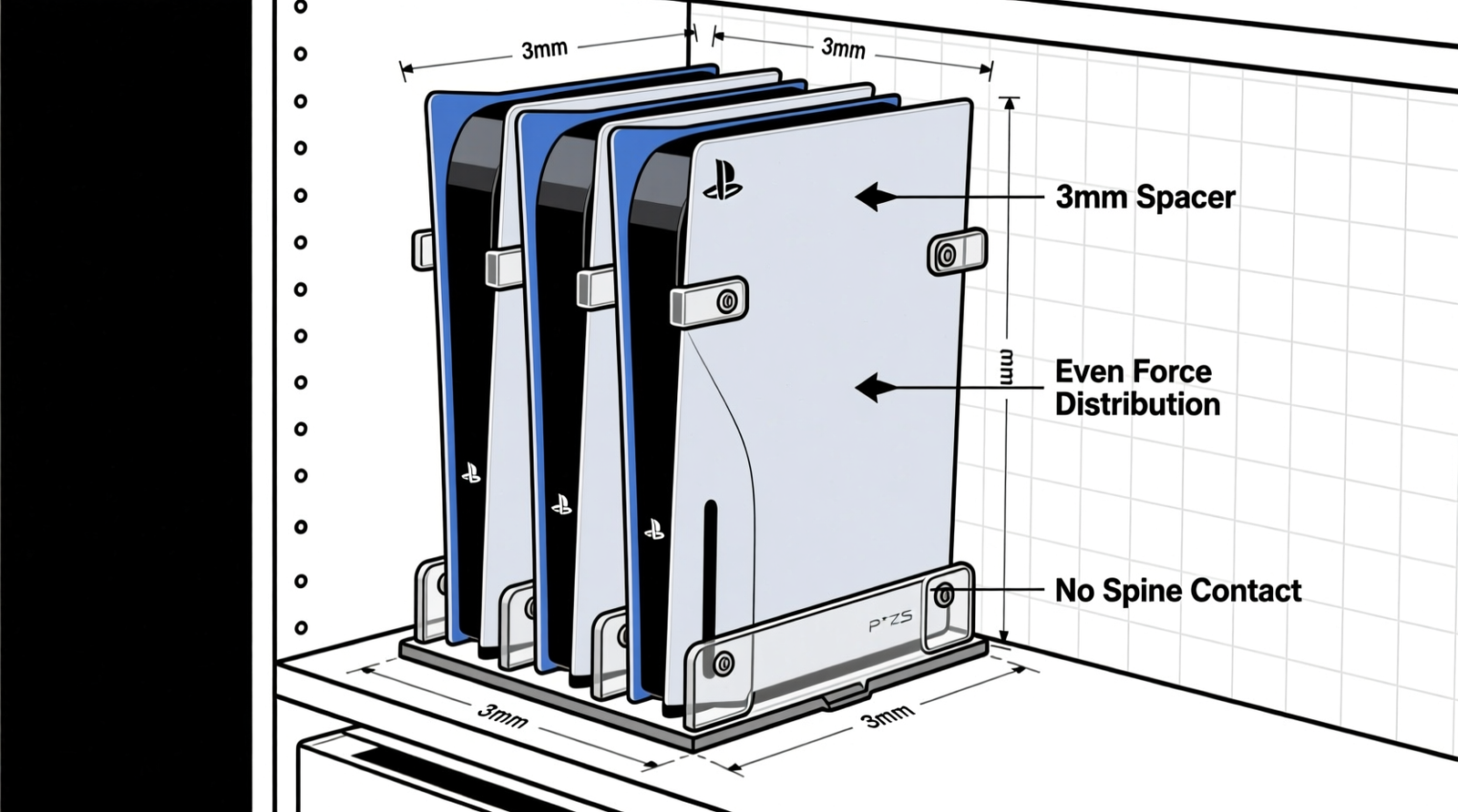 Side-view diagram showing PS5 game cases stacked vertically with evenly spaced 3mm acrylic spacers anchored to a closet back panel; arrows indicate even force distribution across case bases and absence of spine contact