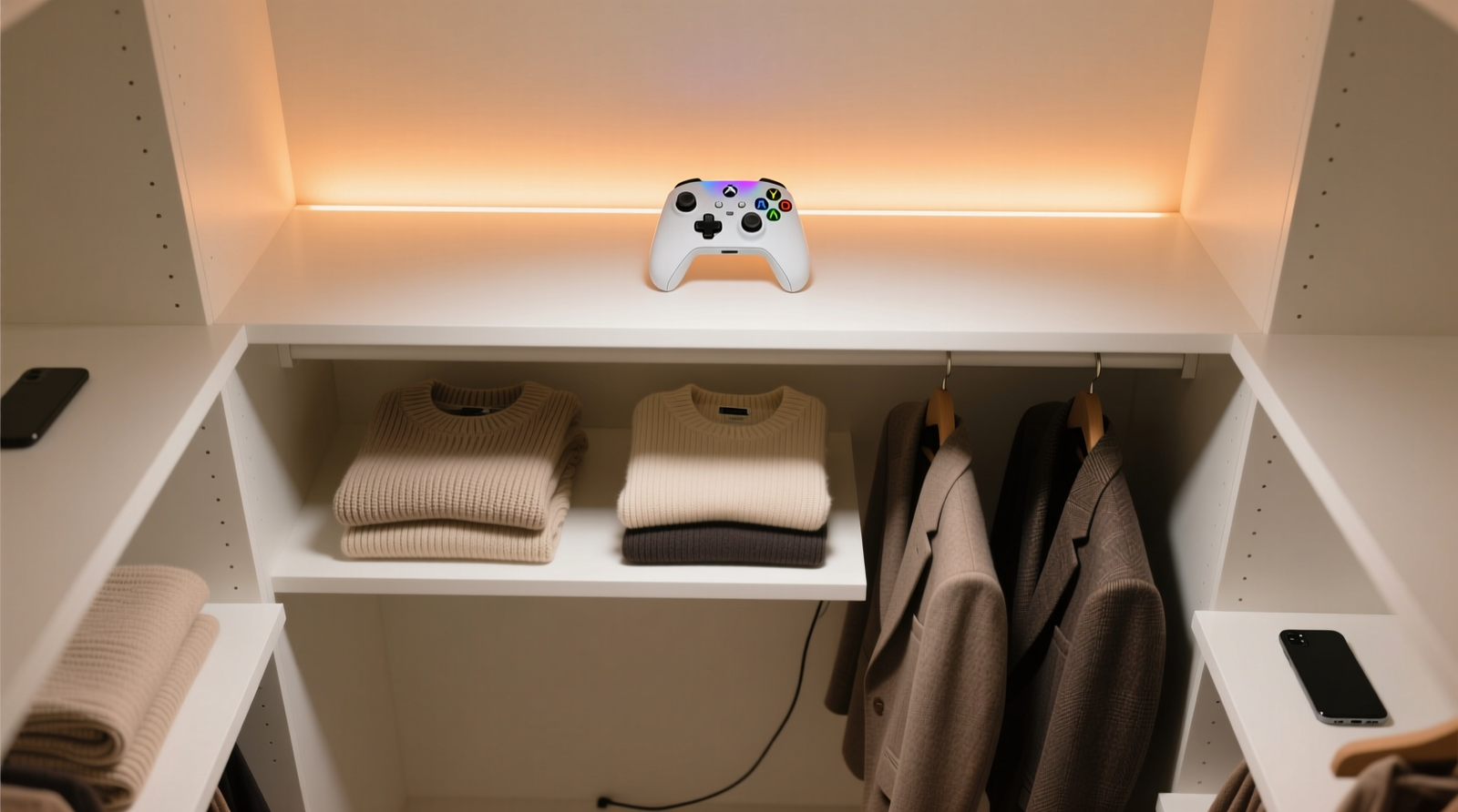 Overhead view of a minimalist walk-in closet with a compact RGB gaming controller mounted on the top shelf, casting a soft, even amber glow across folded sweaters and hanging blazers—no visible wires, no app interface, no smartphone in frame