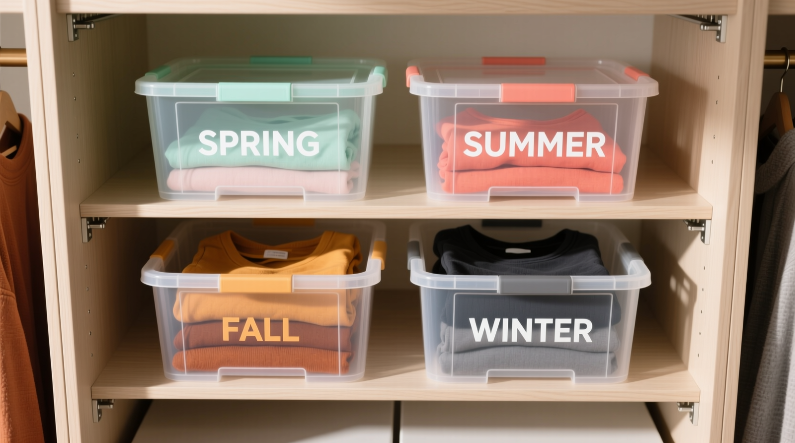Overhead view of four identical, labeled translucent storage bins stacked on adjustable closet shelves: mint bin labeled 'SPRING', coral 'SUMMER', amber 'FALL', slate 'WINTER'. Each contains neatly folded, color-coordinated clothing visible through the bin walls. No electronics or scanning devices present.
