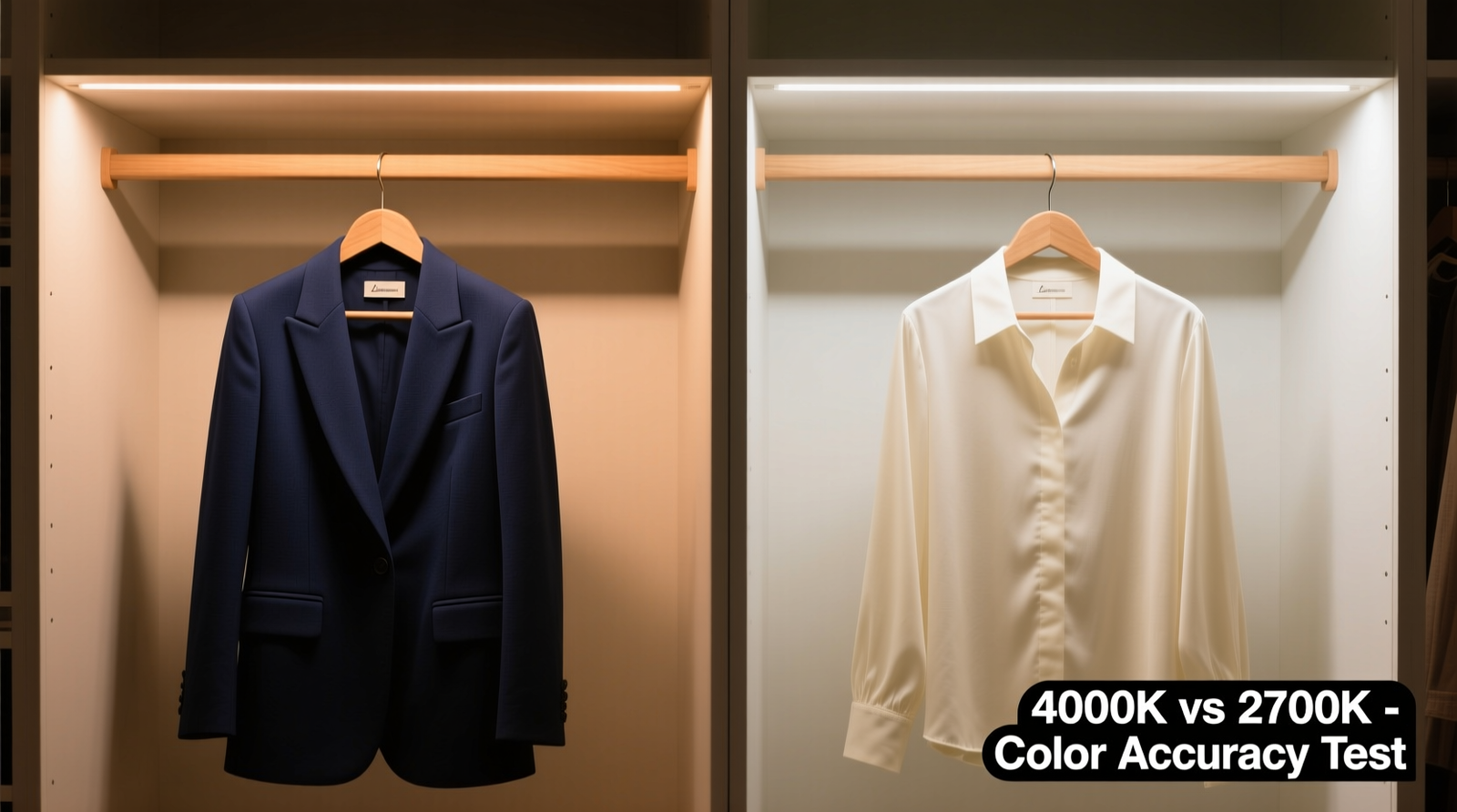 Side-by-side comparison showing identical navy blazer and cream blouse under 2700K (washed-out, muddy) versus 4000K (crisp, true-to-life color rendering) lighting in a walk-in closet with integrated valance strips