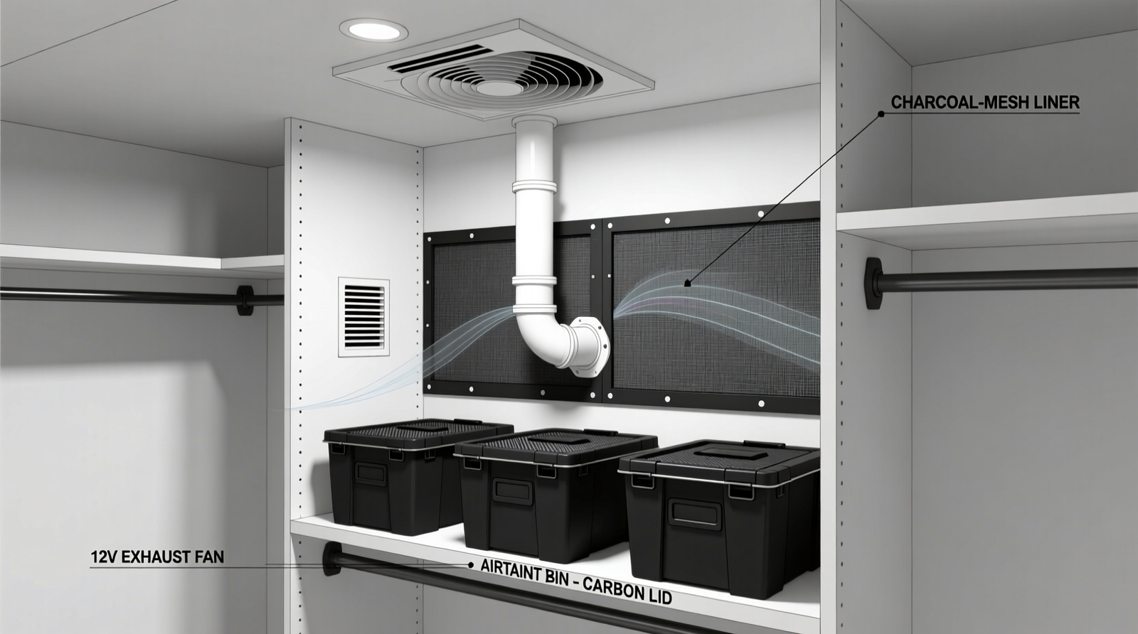 Close-up of a minimalist lifestyle closet with matte-finish sliding bamboo panels partially open, revealing a wall-mounted stainless hay dispenser at eye level, two shallow canvas bins with wooden chew toys, and a pull-out tray holding a sealed hay container—all aligned flush with cabinet framing and free of cables or clutter