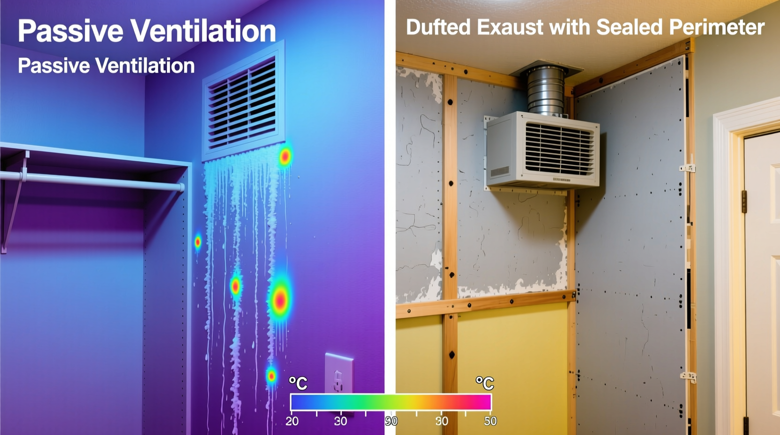 Cross-section diagram showing a windowless closet with a ceiling-mounted humidity-sensing exhaust fan ducted through the roof, paired with a discreet passive intake vent cut into the bottom of the closet door frame—arrows indicate unidirectional airflow from door vent to fan