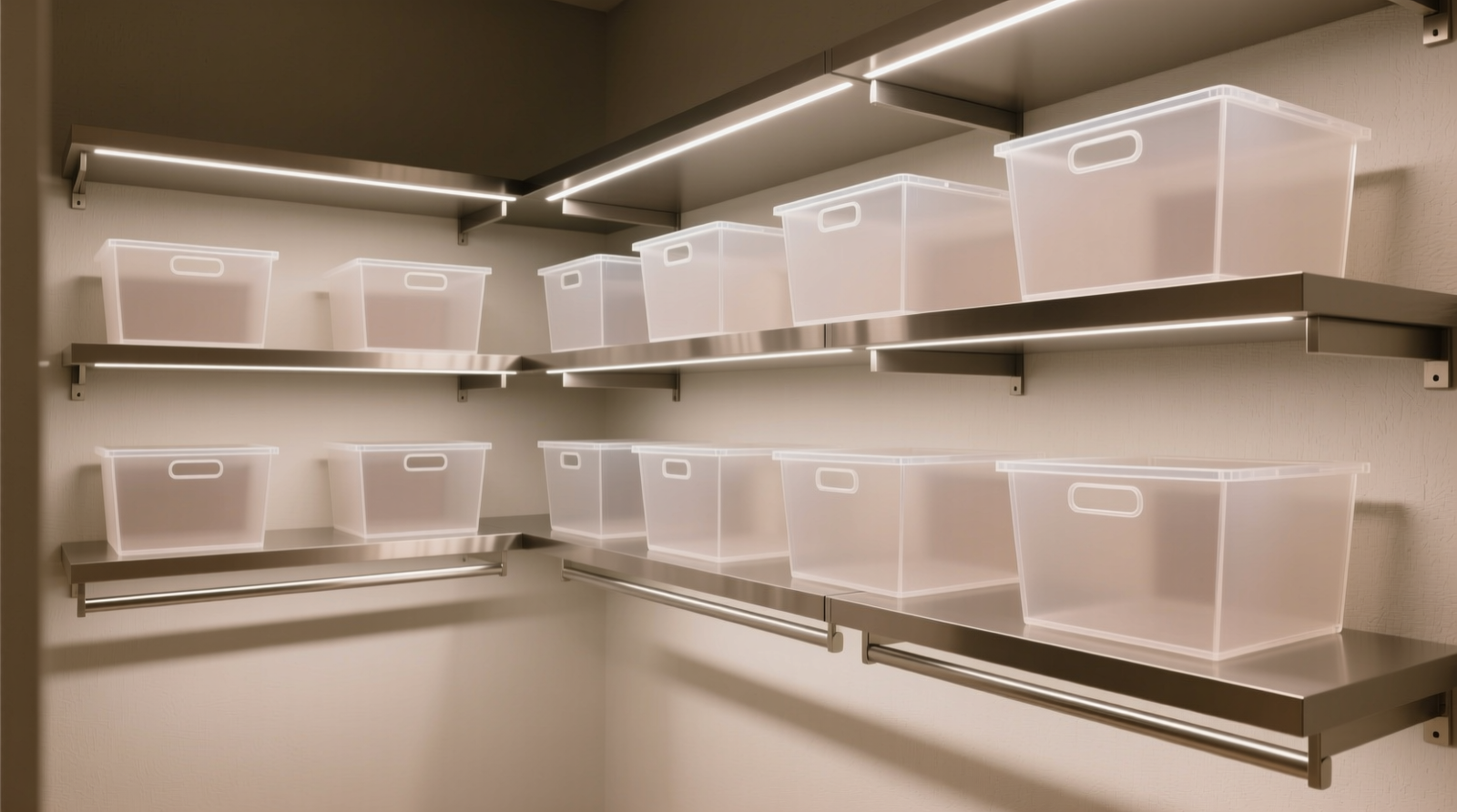 A minimalist walk-in closet featuring frosted acrylic bins in matte taupe, uniformly sized and aligned on brushed nickel floating shelves, with soft ambient lighting highlighting subtle texture—not contents. No visible labels, no fabric, no visual competition.