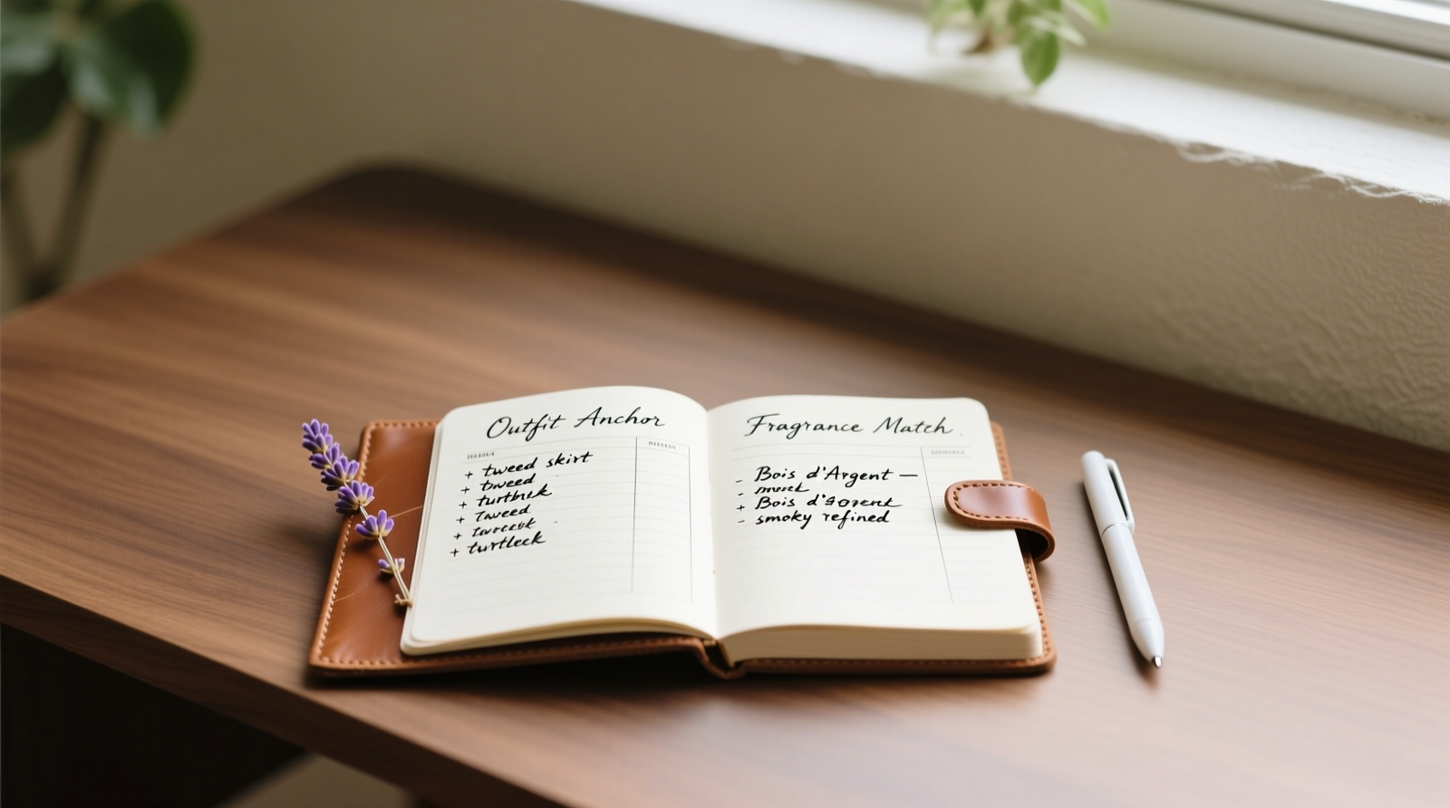 A clean, minimalist desk setup showing a leather-bound journal open to a two-column table: left column labeled 'Outfit Anchor' (e.g., 'tweed skirt + turtleneck'), right column 'Fragrance Match' (e.g., 'Bois d’Argent – smoky, refined'), with handwritten notes in fine-tip pen and a small dried lavender sprig tucked into the binding