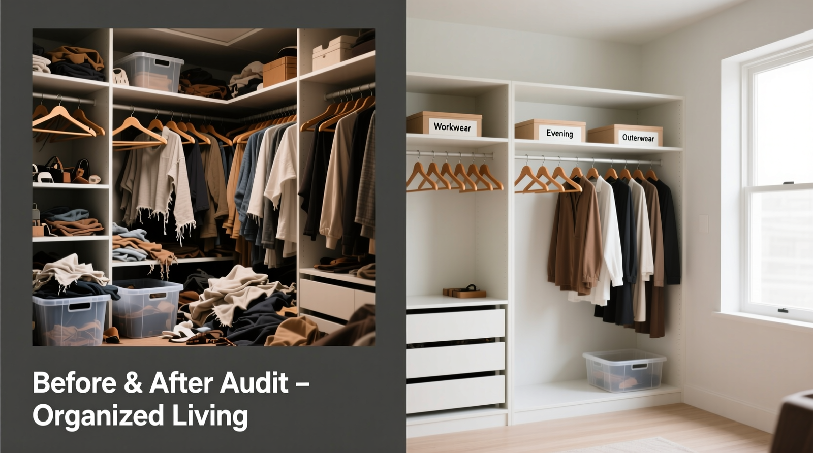 A neatly organized closet showing uniform hangers, labeled storage bins for off-season items, and a single visible subscription box placed beside a handwritten 'Wear Log' notebook on a shelf