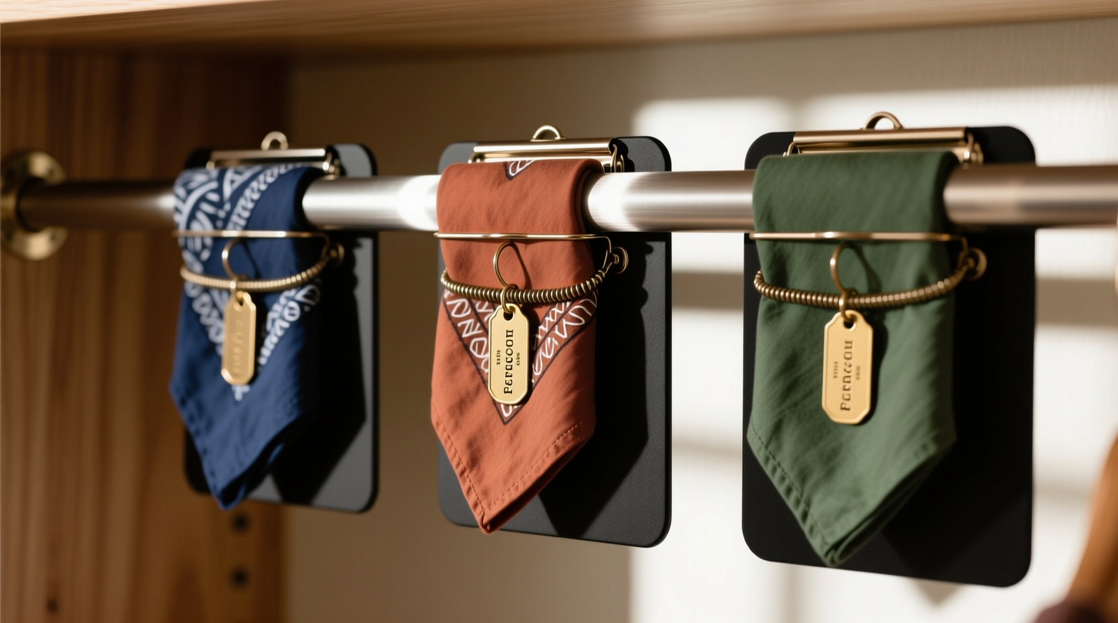 A close-up of a brushed nickel closet rod with three matte-black mini clipboards evenly spaced; each holds a neatly folded cotton bandana (navy, terracotta, sage) with its engraved brass collar tag clipped visibly to the clipboard’s spring bar. Natural light highlights tag engraving and fabric texture.
