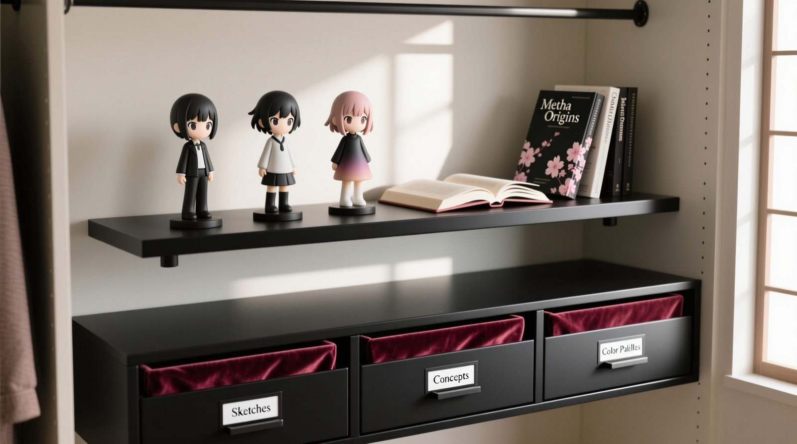 A minimalist closet section showing a 24-inch matte-black floating shelf with three anime figures and two art books, aligned with a matching 3-drawer unit below containing labeled archival boxes and soft velvet dividers