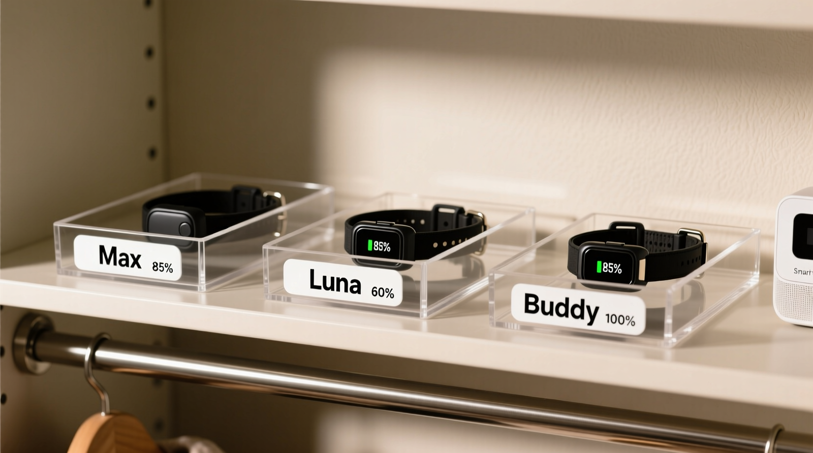 A well-organized closet shelf showing three GPS pet collars laid flat in separate open-top acrylic trays, each labeled with pet name and battery status, positioned away from metal rods and smart home devices