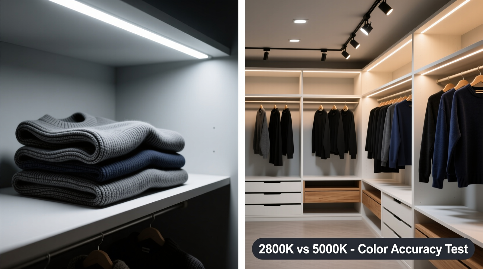 Side-by-side closet lighting comparison: left shows harsh 5000K overhead casting deep shadows on folded sweaters; right shows layered 2800K lighting with even 400-lux distribution across hanging garments and shelves, enabling clear differentiation of charcoal, black, and deep navy tones