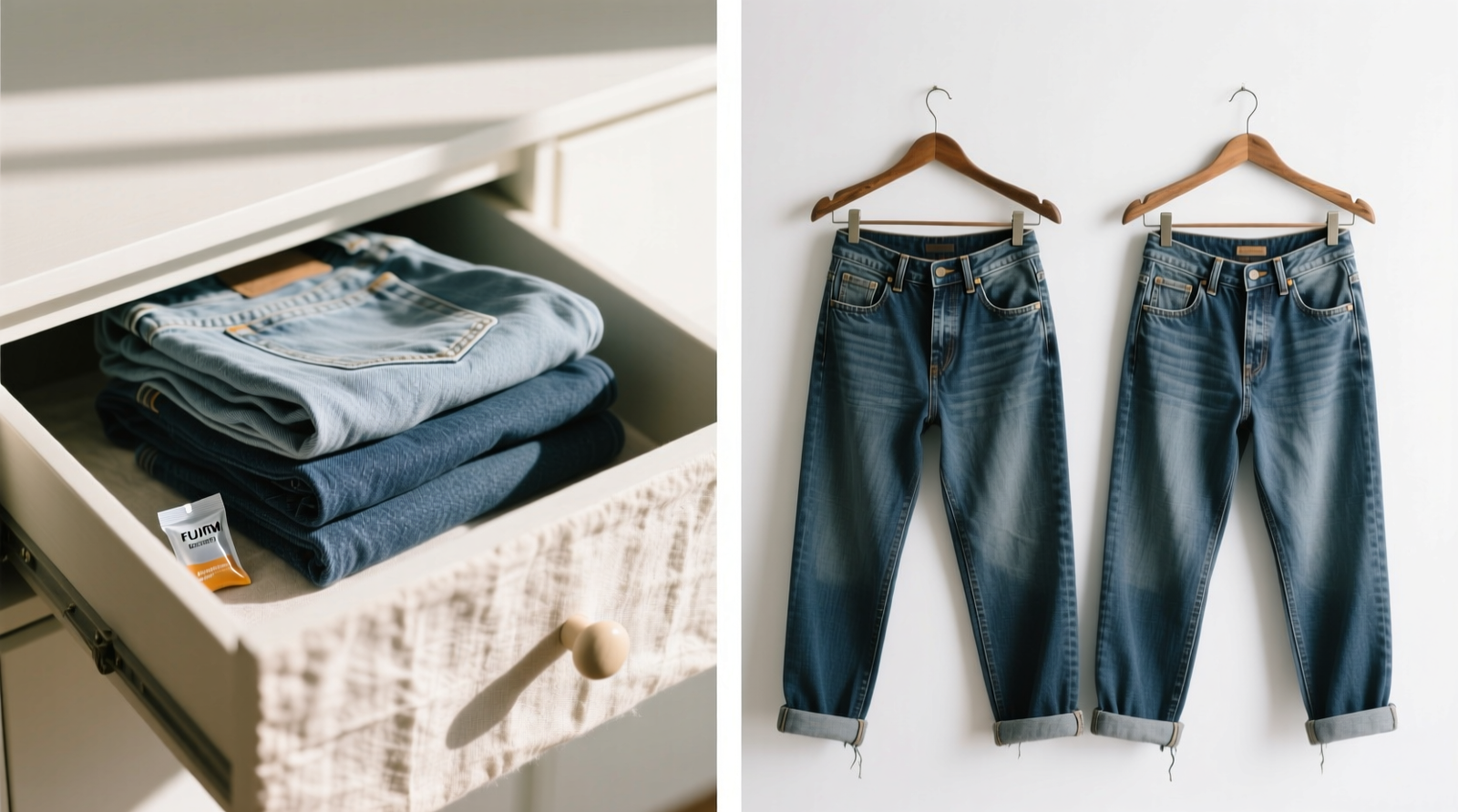 Side-by-side photo: left shows three neatly folded jeans stacked lengthwise in a linen drawer with silica gel pouch visible; right shows two jeans hung on wooden hangers, with visible stretching at the waistband and slight drooping at the hem
