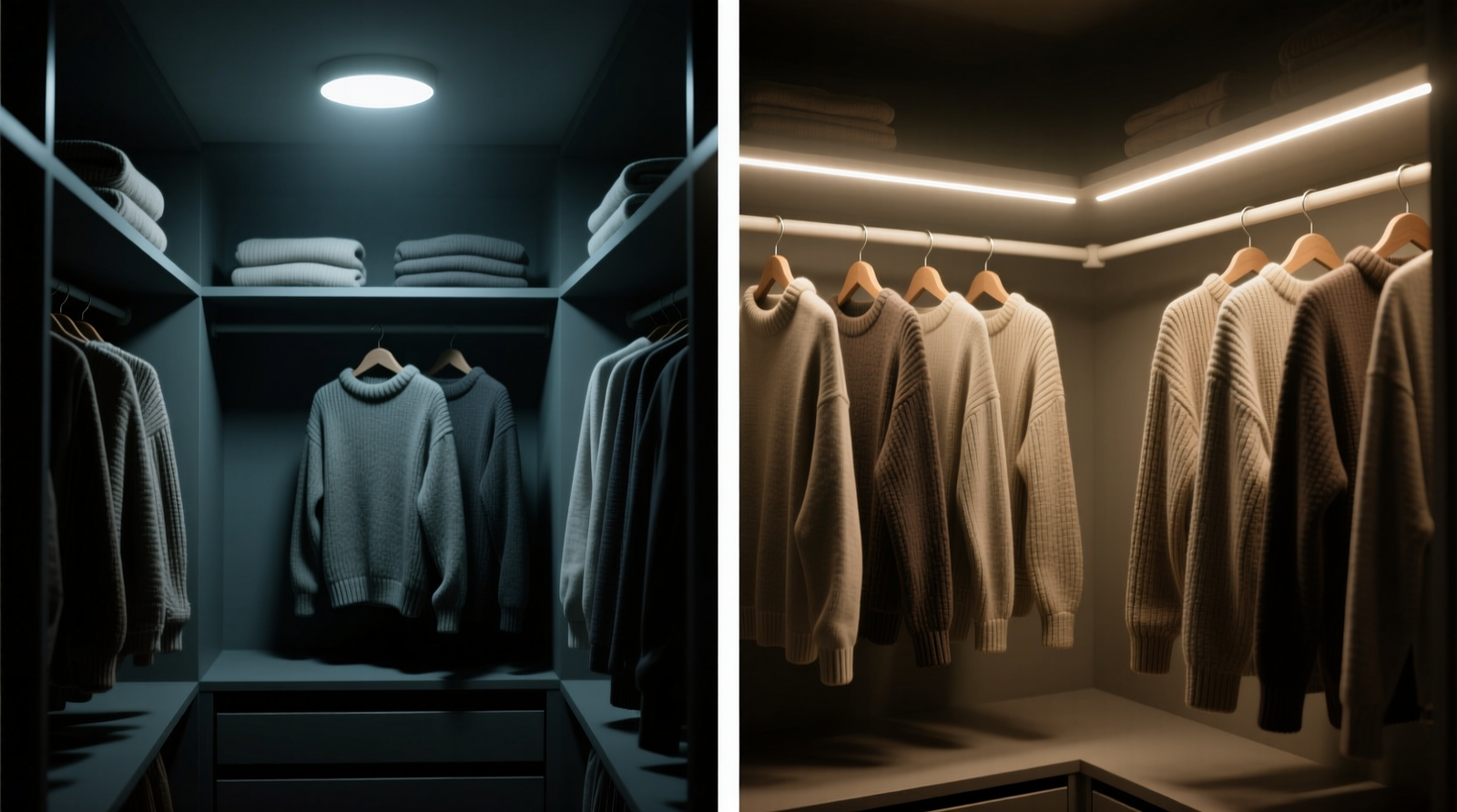 Side-by-side comparison: left shows a closet lit only by ceiling fixture, with deep shadows obscuring folded sweaters and hanger backs; right shows identical closet with under-shelf and rod-integrated LED strips illuminating garment fronts and folds evenly
