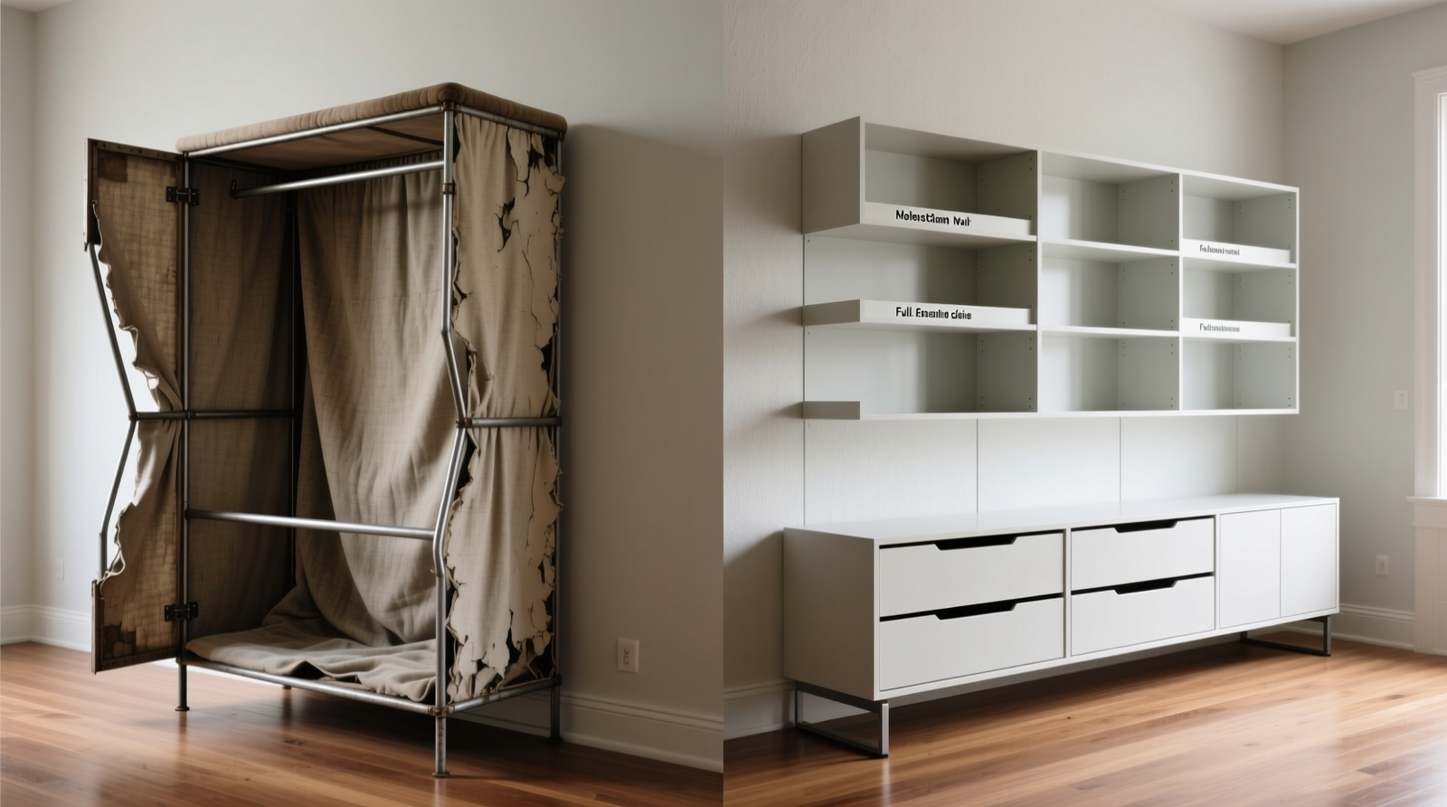Side-by-side comparison: left shows a sagging fabric closet unit with twisted rods and bulging side panels; right shows a clean, freestanding melamine unit with labeled shelves, full-extension drawers, and a weighted base resting flat on hardwood flooring—no wall contact visible