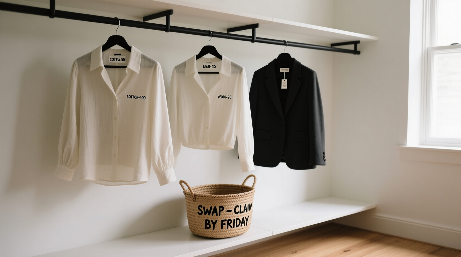 A minimalist closet with uniform hangers, labeled fabric tags visible on three garments, and a small woven basket labeled 'SWAP – CLAIM BY FRIDAY' resting on the lower shelf