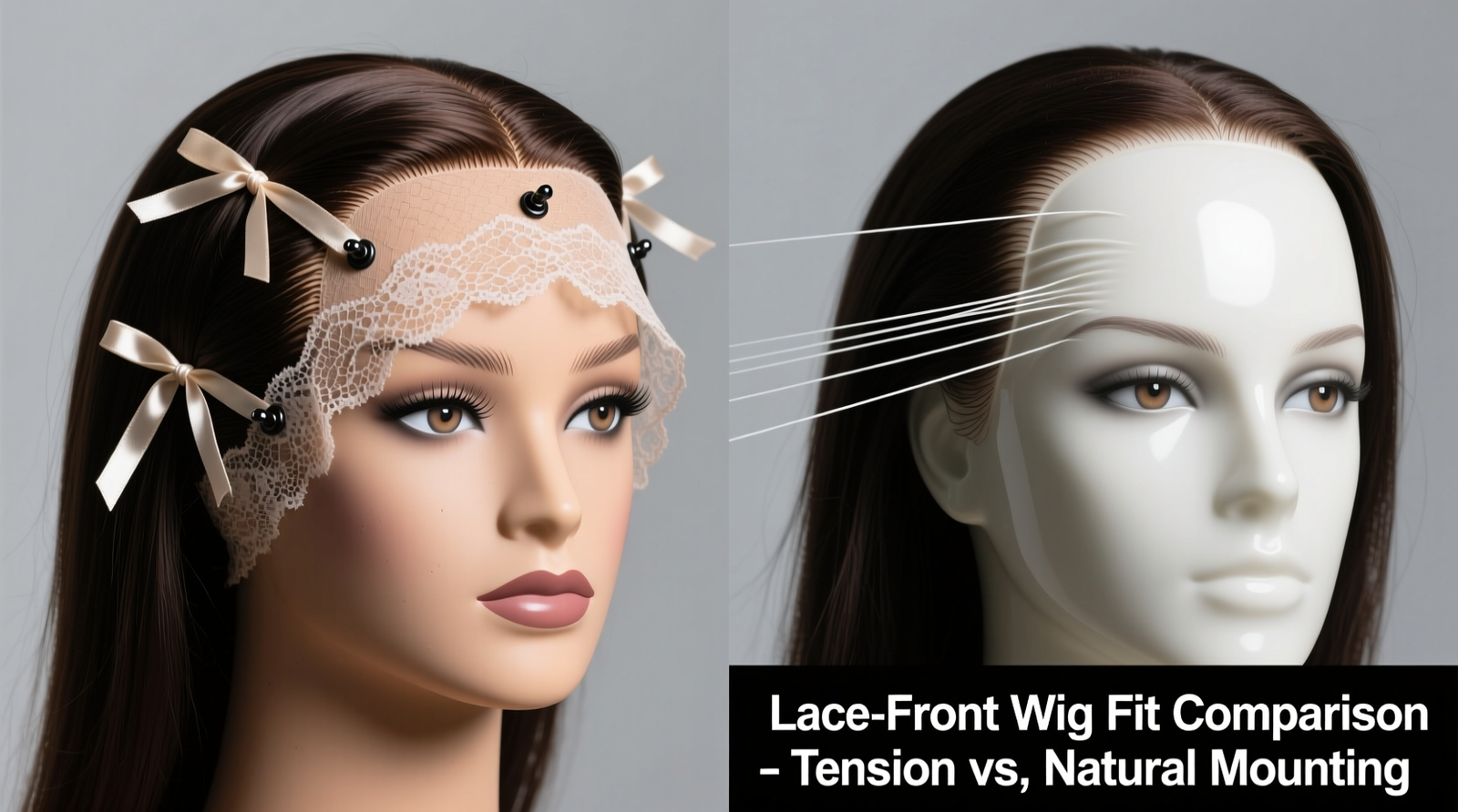 Side-by-side comparison: left shows a lace-front wig correctly mounted on a wrapped foam mannequin head with silk ties at three anchor points; right shows same wig stretched and rippling on a rigid plastic head with visible tension lines along the frontal edge