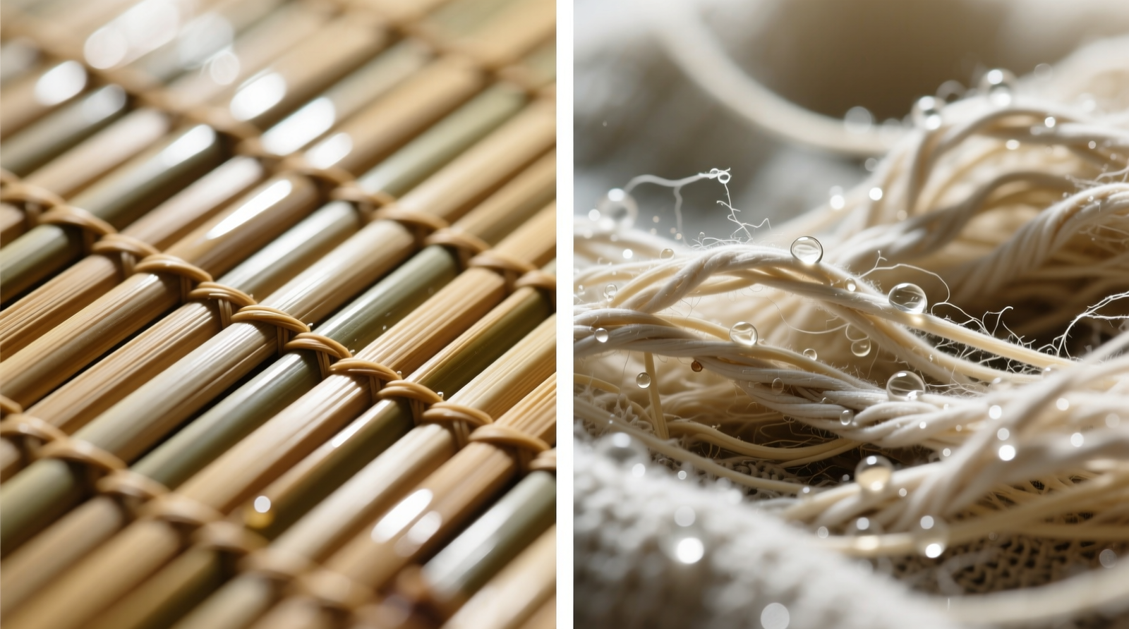 Side-by-side macro photography: left shows bamboo mat fibers appearing smooth and tightly aligned under 50x magnification; right shows organic cotton loops with visible gaps, lint accumulation, and microscopic moisture droplets trapped between strands