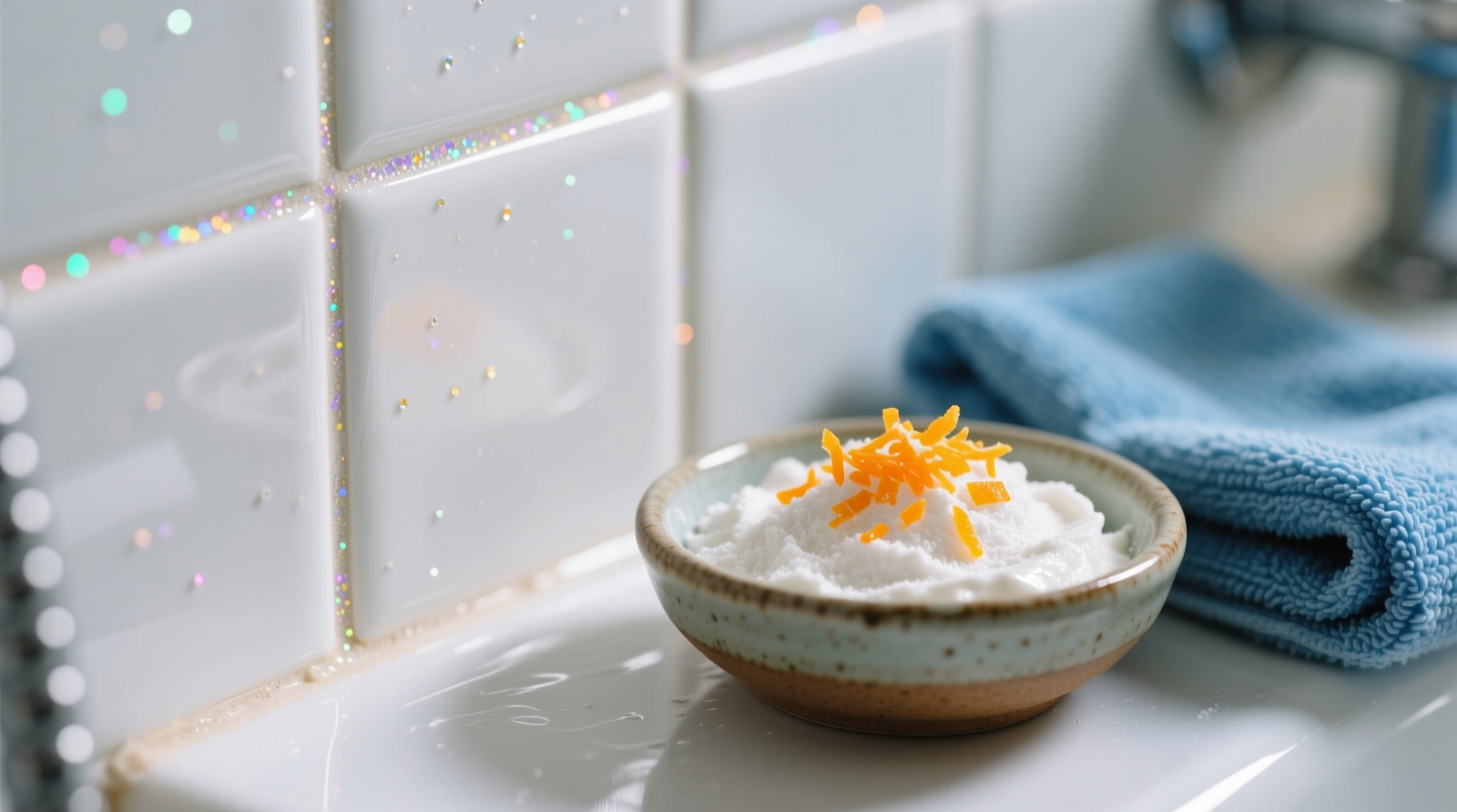 Close-up photo of a white ceramic shower tile with visible biodegradable glitter specks embedded in grout lines, beside a small bowl containing a creamy off-white paste made from baking soda and bright orange citrus zest, with a folded blue microfiber cloth resting beside it